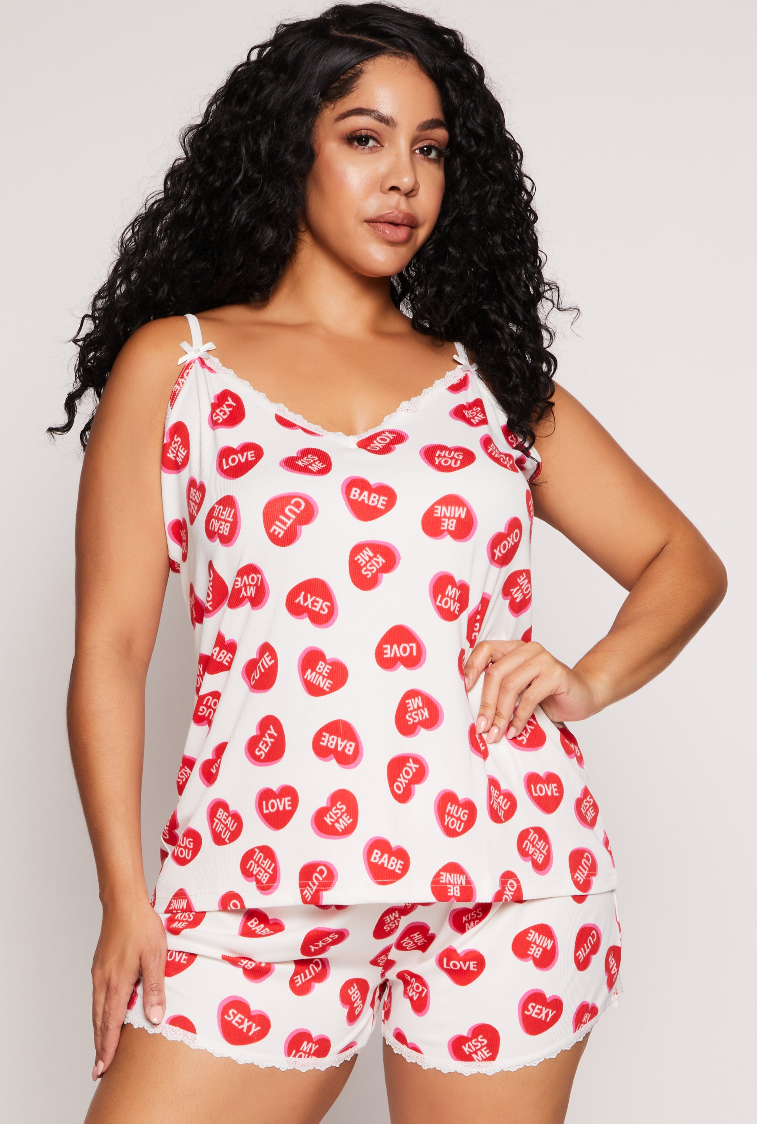 Plus Size Heart Graphic Print Pajama Cami and Shorts、mySite、camillekostekn
