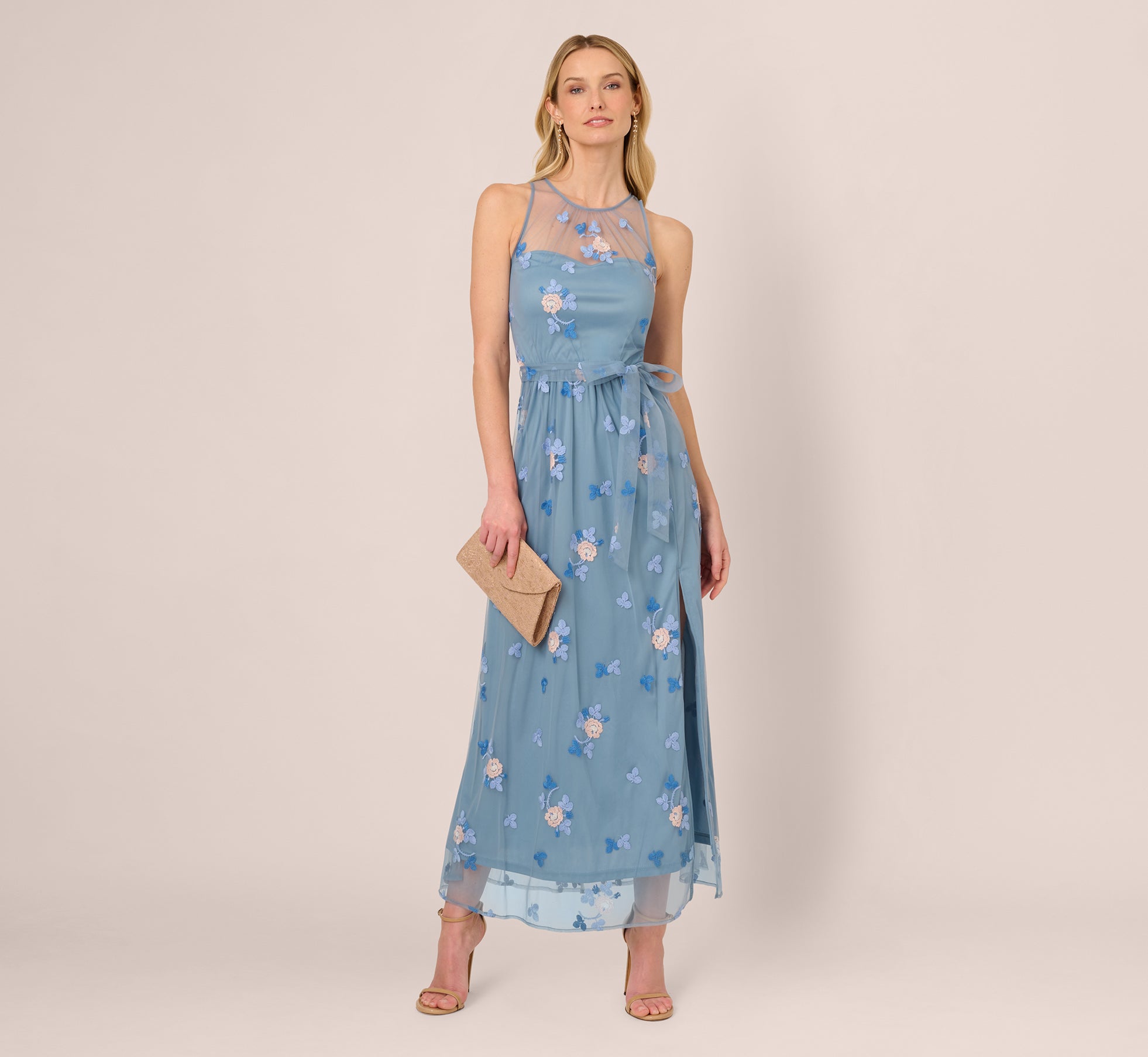 Sleeveless Illusion Embroidered Maxi Dress In French Blue Multi、mySite、solidvoid