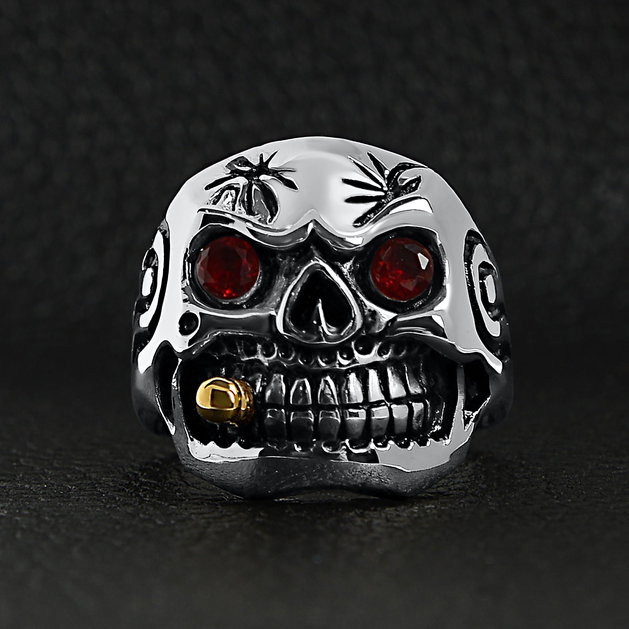 Stainless Steel Bullet Cigar Smoking Red CZ Eyed Skull Ring / SCR3074、mySite、dreamappss