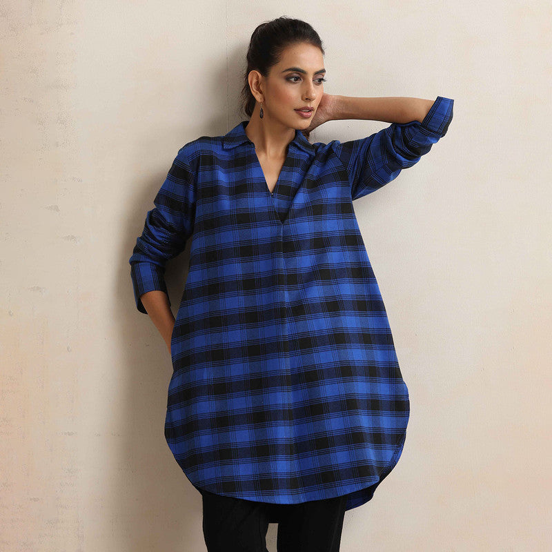 Cotton Short Kurta For Women | Checkered Print | Blue、mySite、camillekostekn