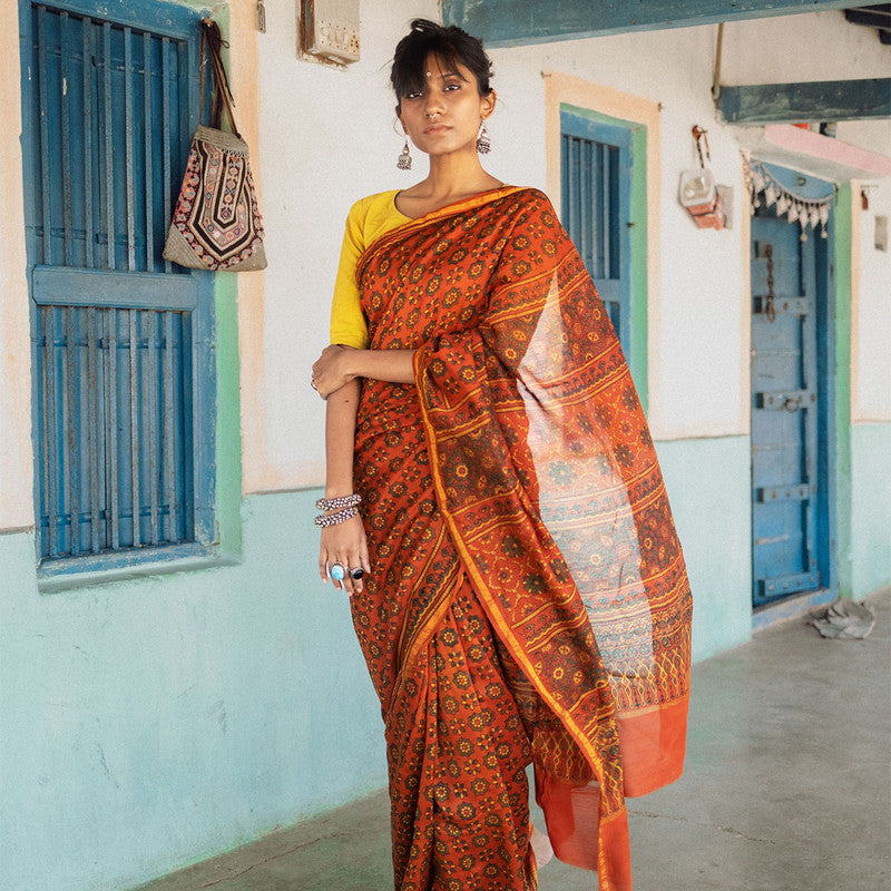 Festive Wear | Handblock Mul Cotton Ajrakh Printed Saree | Orange、mySite、camillekostekn