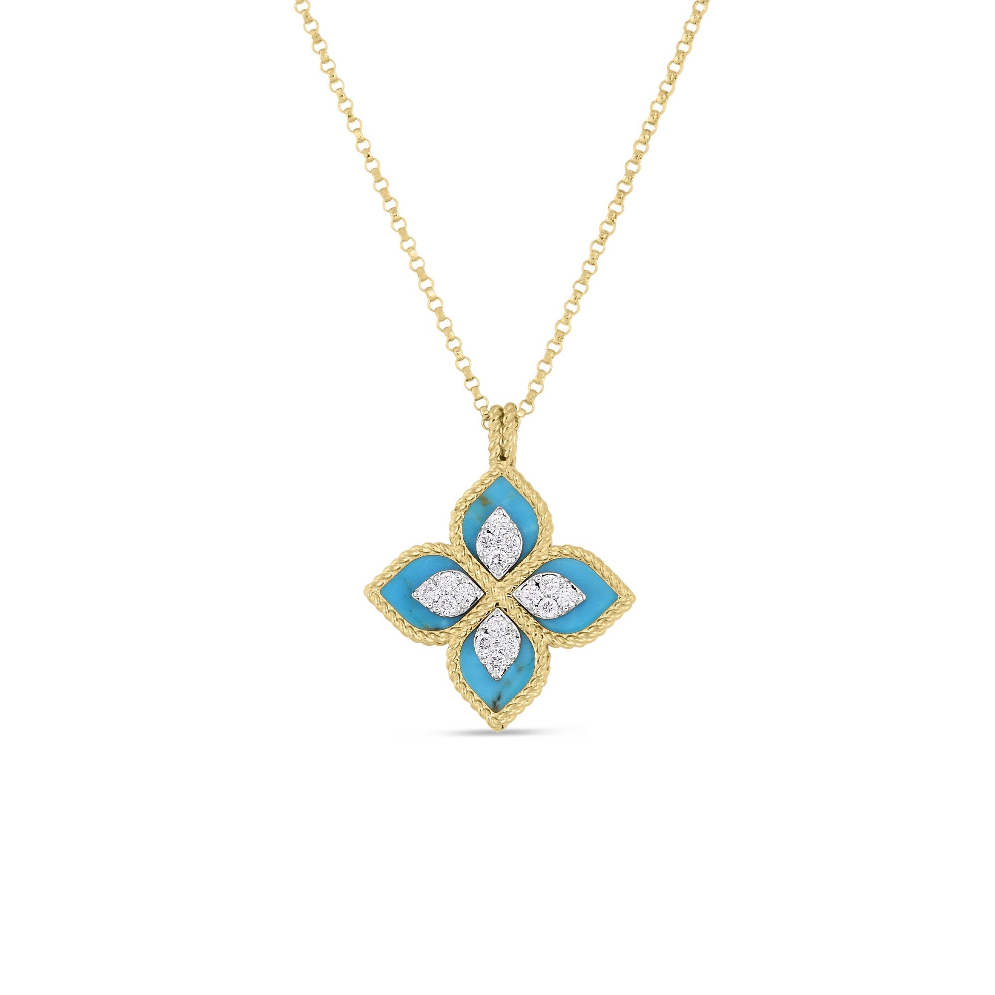 18K Yellow/White Gold Venetian Princess Diamond & Turquoise Flower Necklace、mySite、hinf8tx79