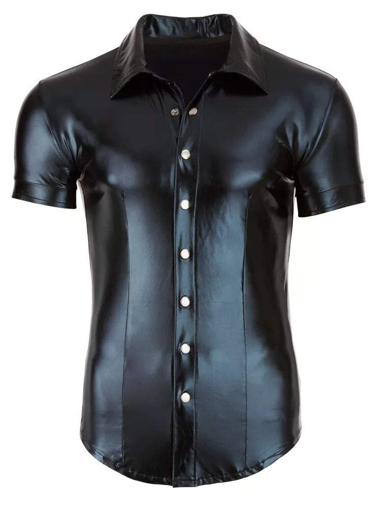 Come Closer Wetlook Leather Men Shirt | Black | Stretchy | Faux Leather、mySite、bottomscart