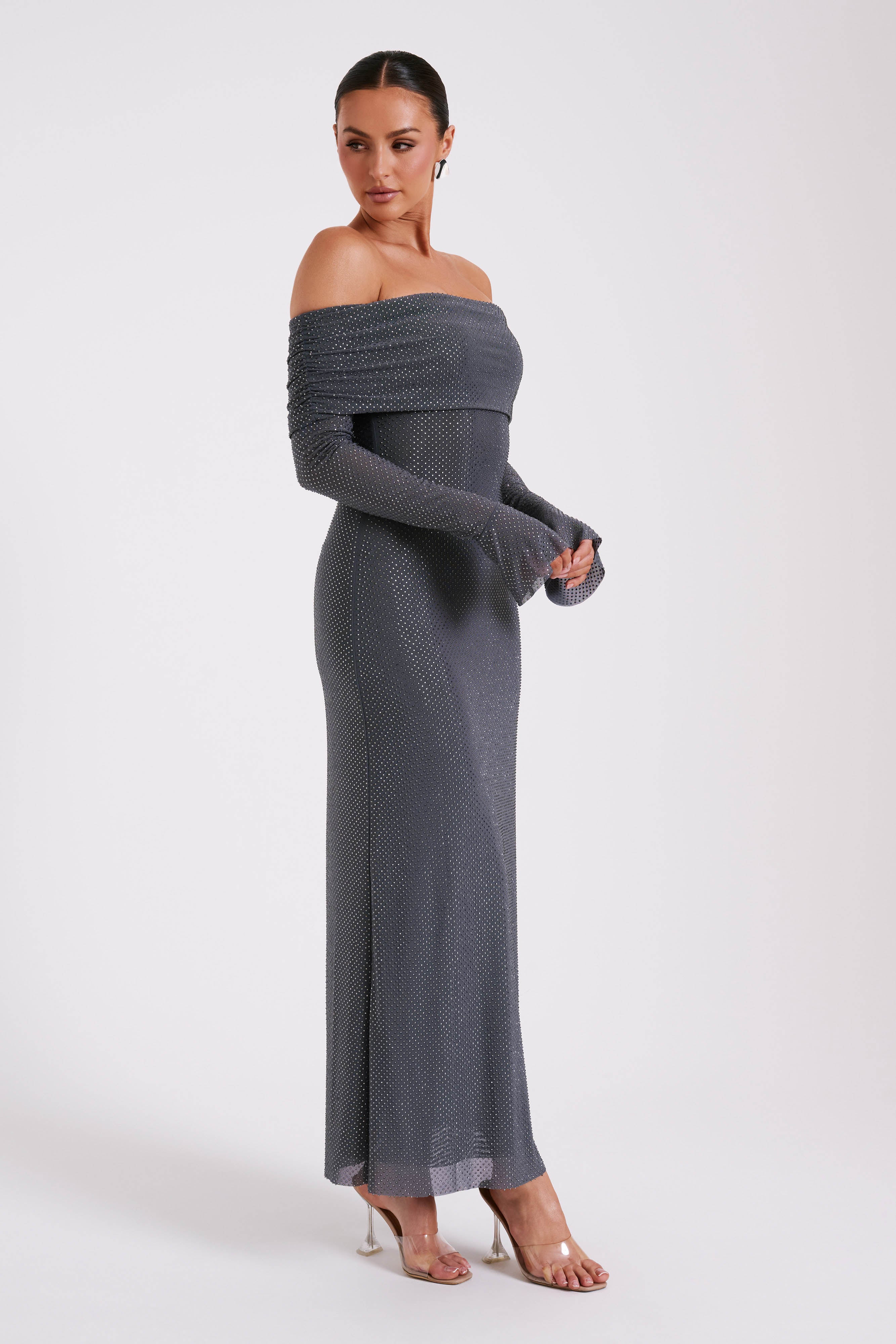 Marcel Off Shoulder Diamante Maxi Dress - Gunmetal、mySite、solidvoid