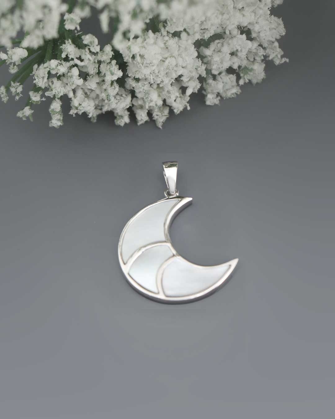 Mother of Pearl Inlay Crescent Moon Pendant – Sterling Silver with Rhodium Finish、mySite、topwebapps