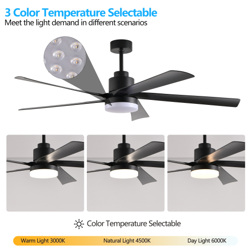 65 Inch Black Ceiling Fan with Light, 5-Blade Dimmable LED Ceiling Fan with Remote Control, Modern Quiet Design for Living Room and Bedroom (Silent/6-Speed/Reversible/DC Motor)、、eastwooduniform