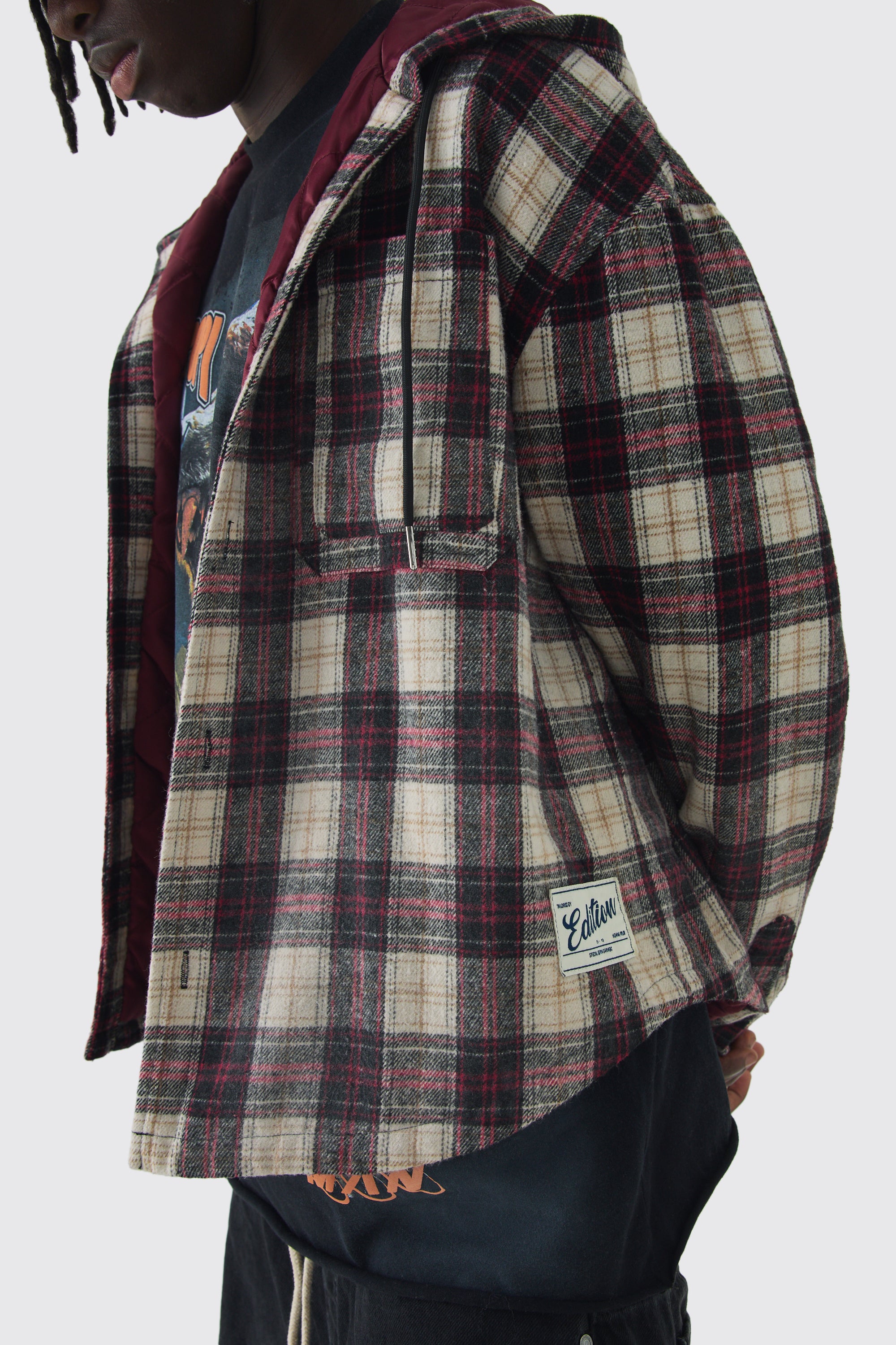  Boohooman Oversized Padded Hooded Check Overshirt Red/ Cream、mySite、justintrudeaud