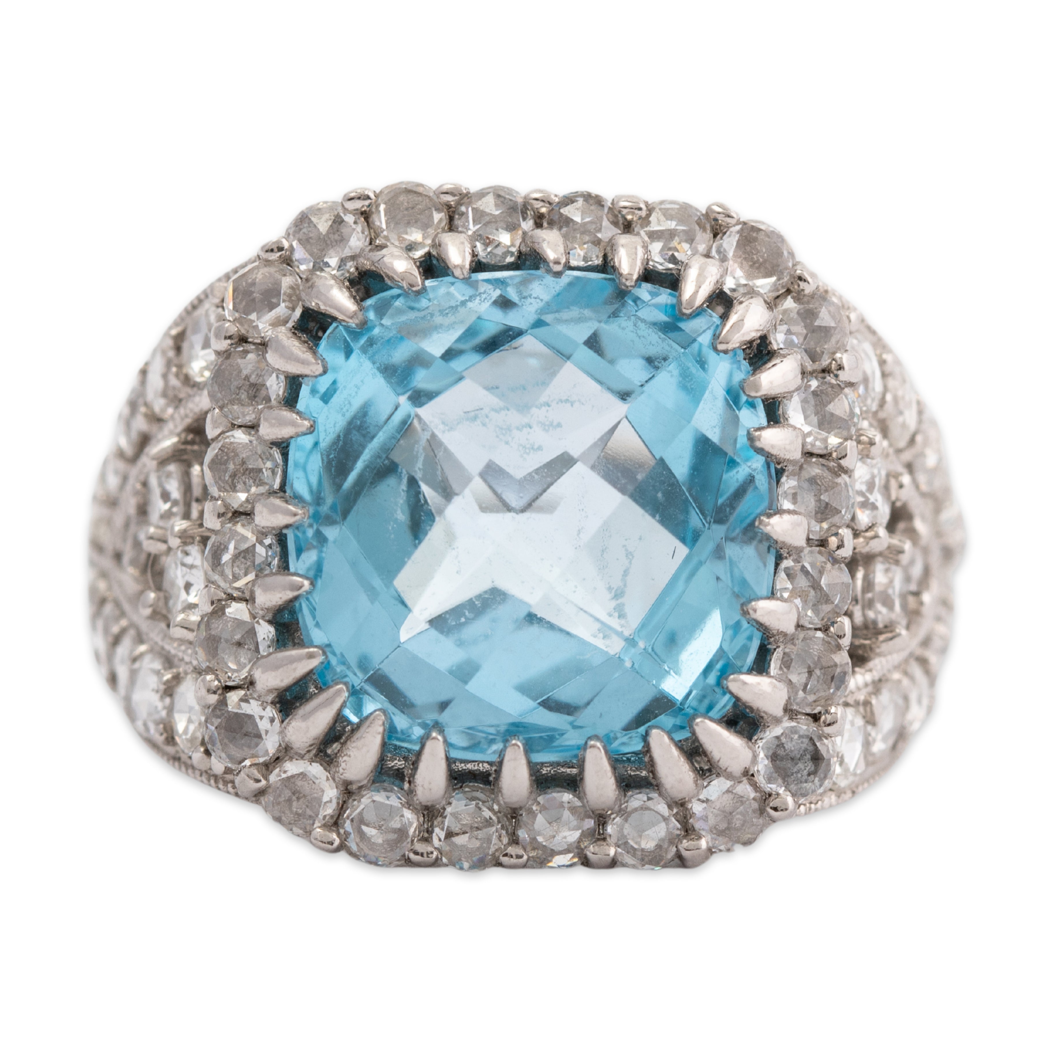Large Estate Platinum 9.5ct Blue Topaz 1cttw Diamond Cocktail Ring 6.75、mySite、hinf8tx79