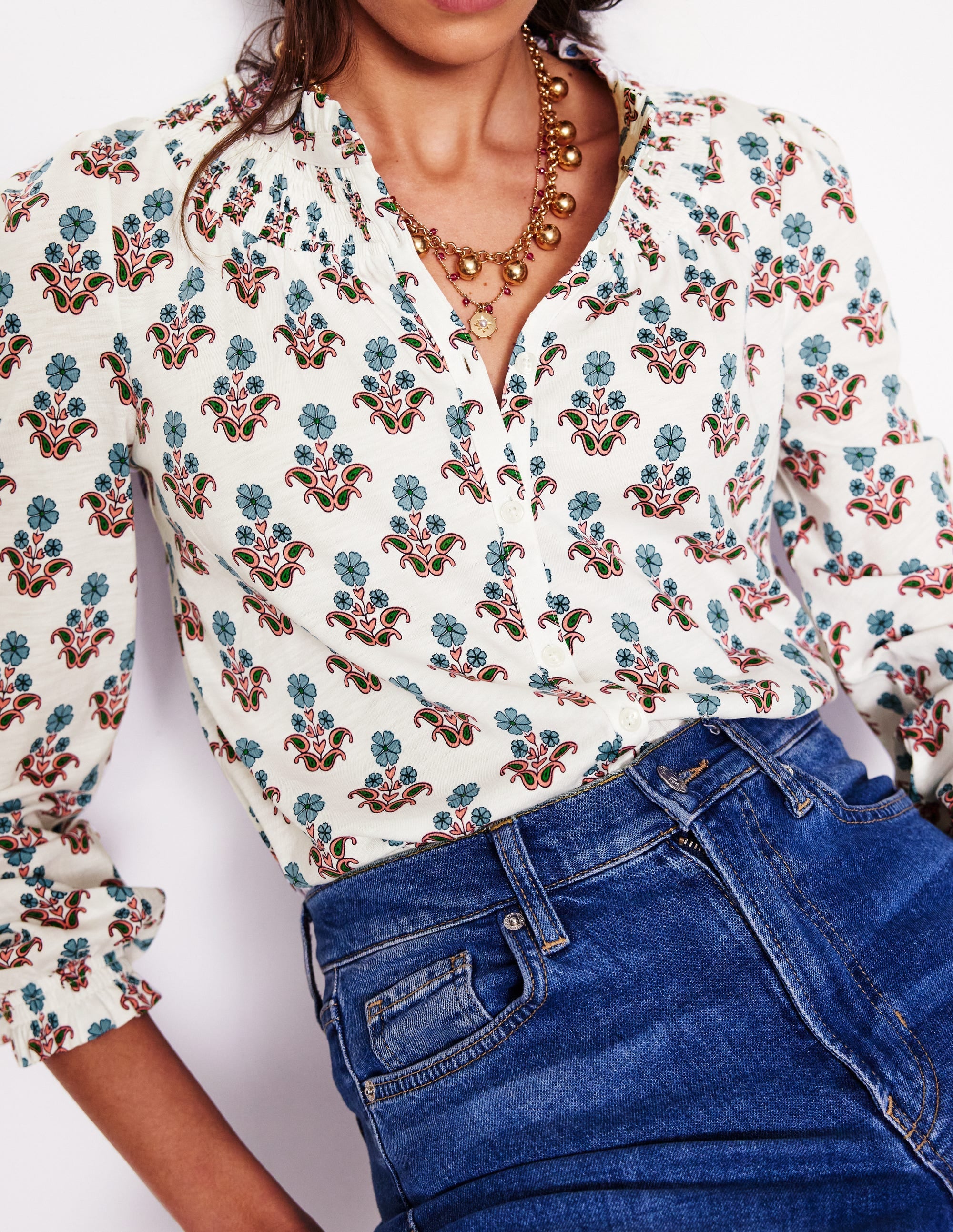  Fay Smocked Jersey Shirt-Ivory Pansy Stamp、mySite、ashleygrahame