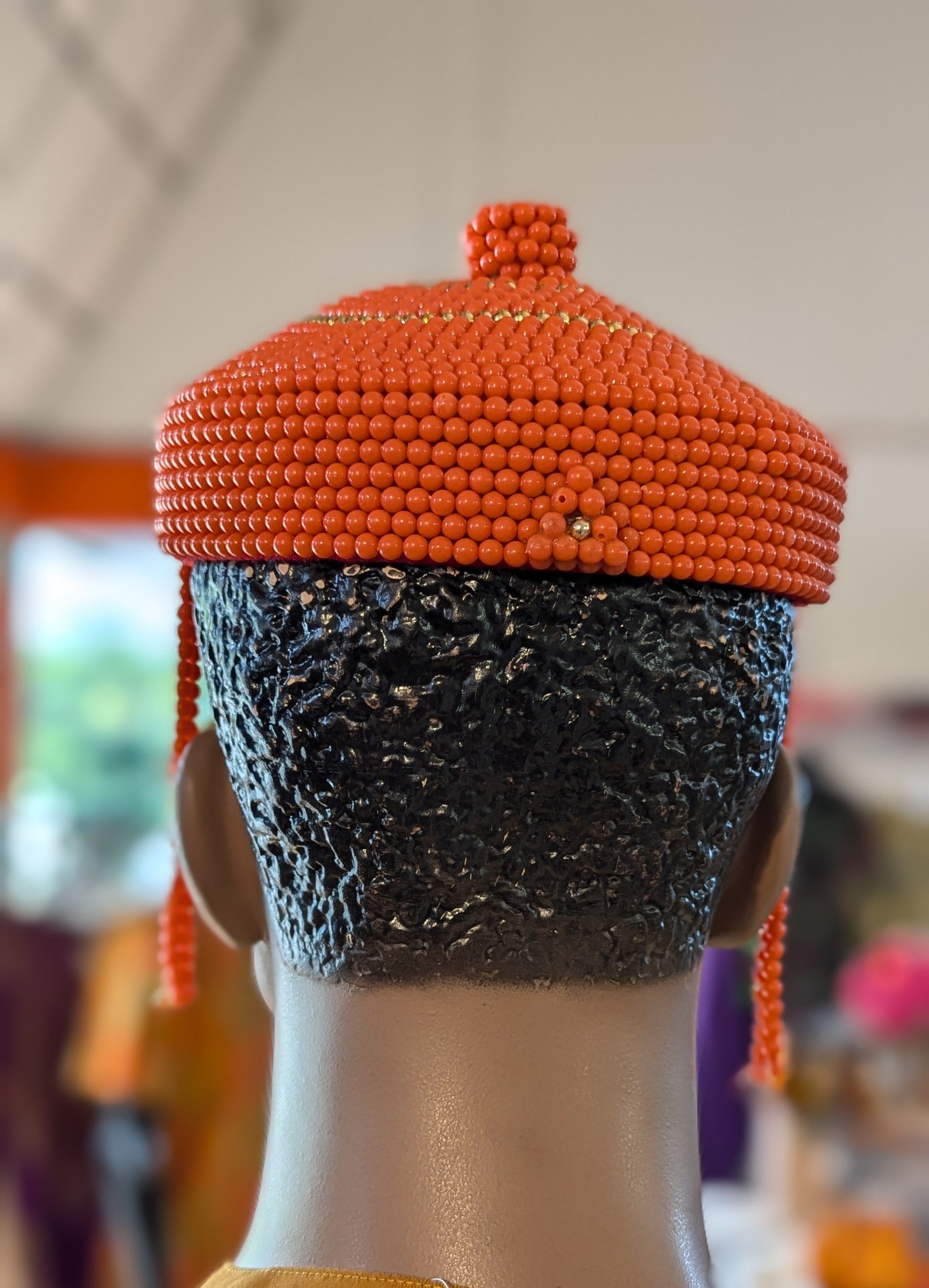 Dupsie's Ugochukwu's Majestic Orange African Edo Igbo hand-beaded Crown Hat with Gold trim DPBHOG11、mySite、solidvoid