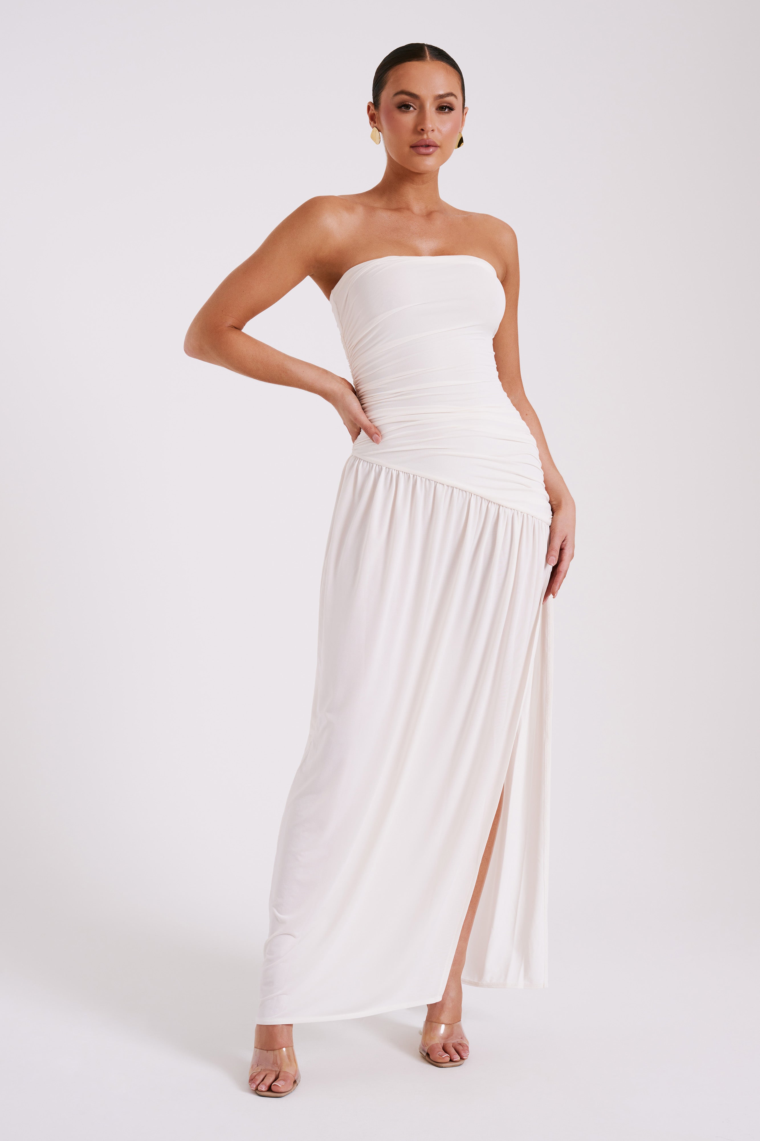 Bex Strapless Slinky Maxi Dress With Split - Ivory、mySite、solidvoid