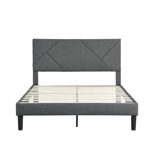 King Size Upholstered Platform Bed Frame with Button Tufted Linen Fabric Headboard, No Box Spring Needed, Wood Slat Support, Easy Assembly, Gray、、casual