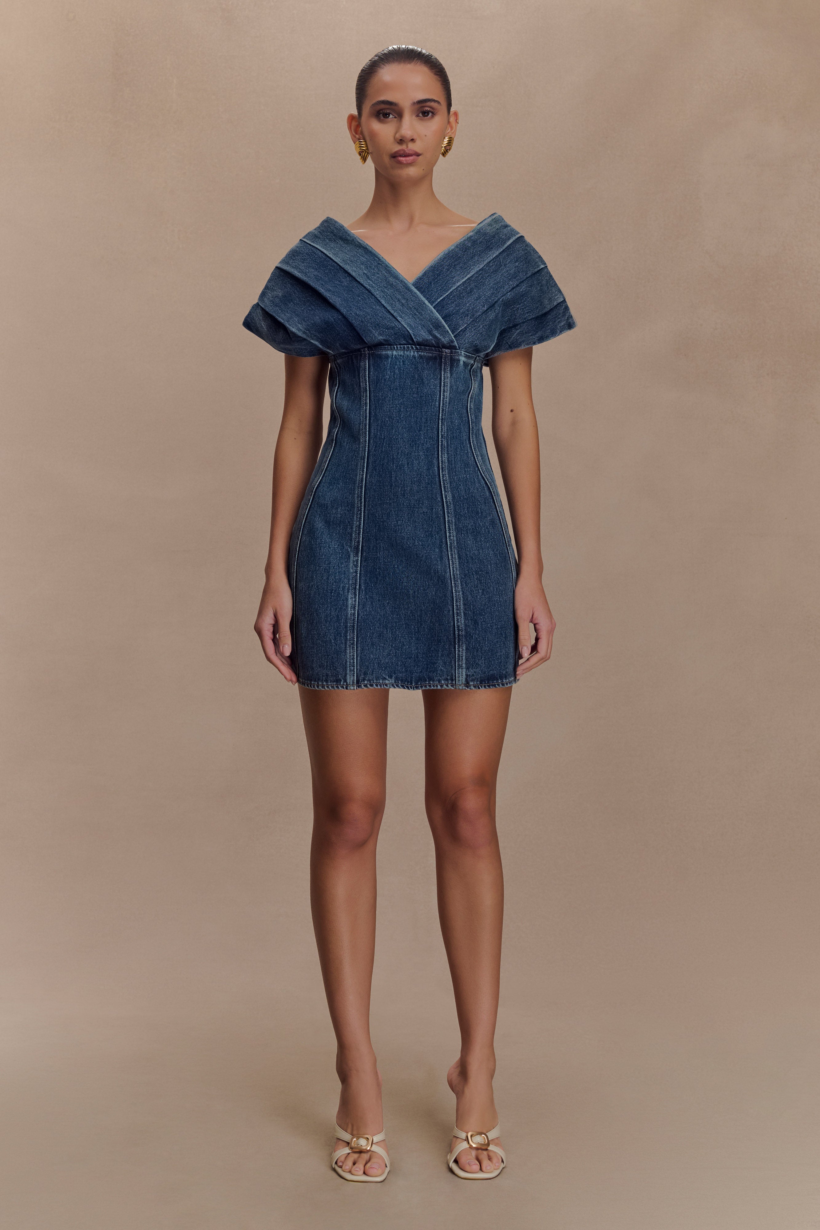 Pascale Off Shoulder Denim Mini Dress - Washed Dark Blue、mySite、solidvoid