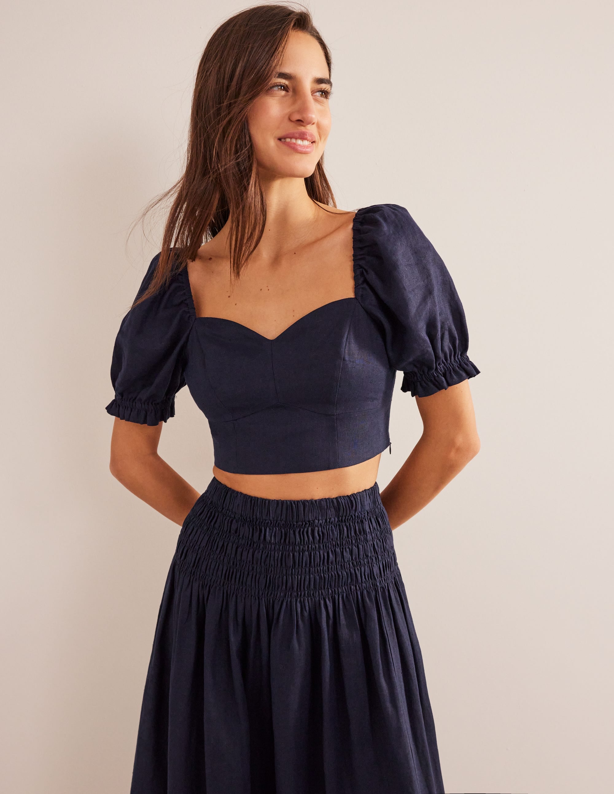  Sweetheart Linen Cropped Top-Navy、mySite、ashleygrahame
