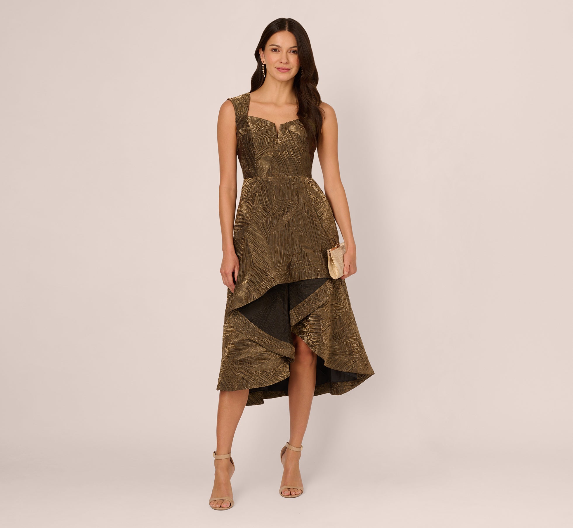 Textured Jacquard High Low Dress With Notched Neck In Metallic Gold、mySite、solidvoid