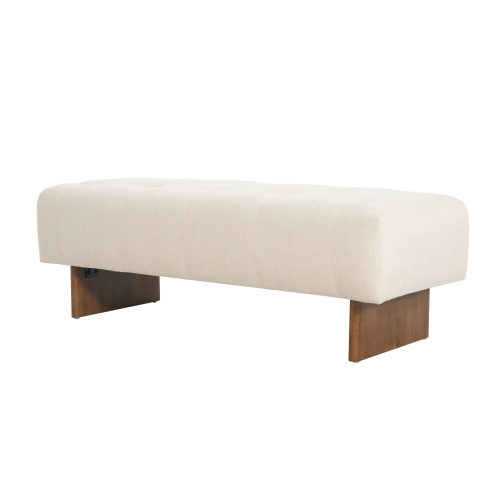  Rectangular Upholstered Tufted Linen Fabric Ottoman Bench, Solid Wood Legs, Beige、、yumabirdnaturehistoryfestival