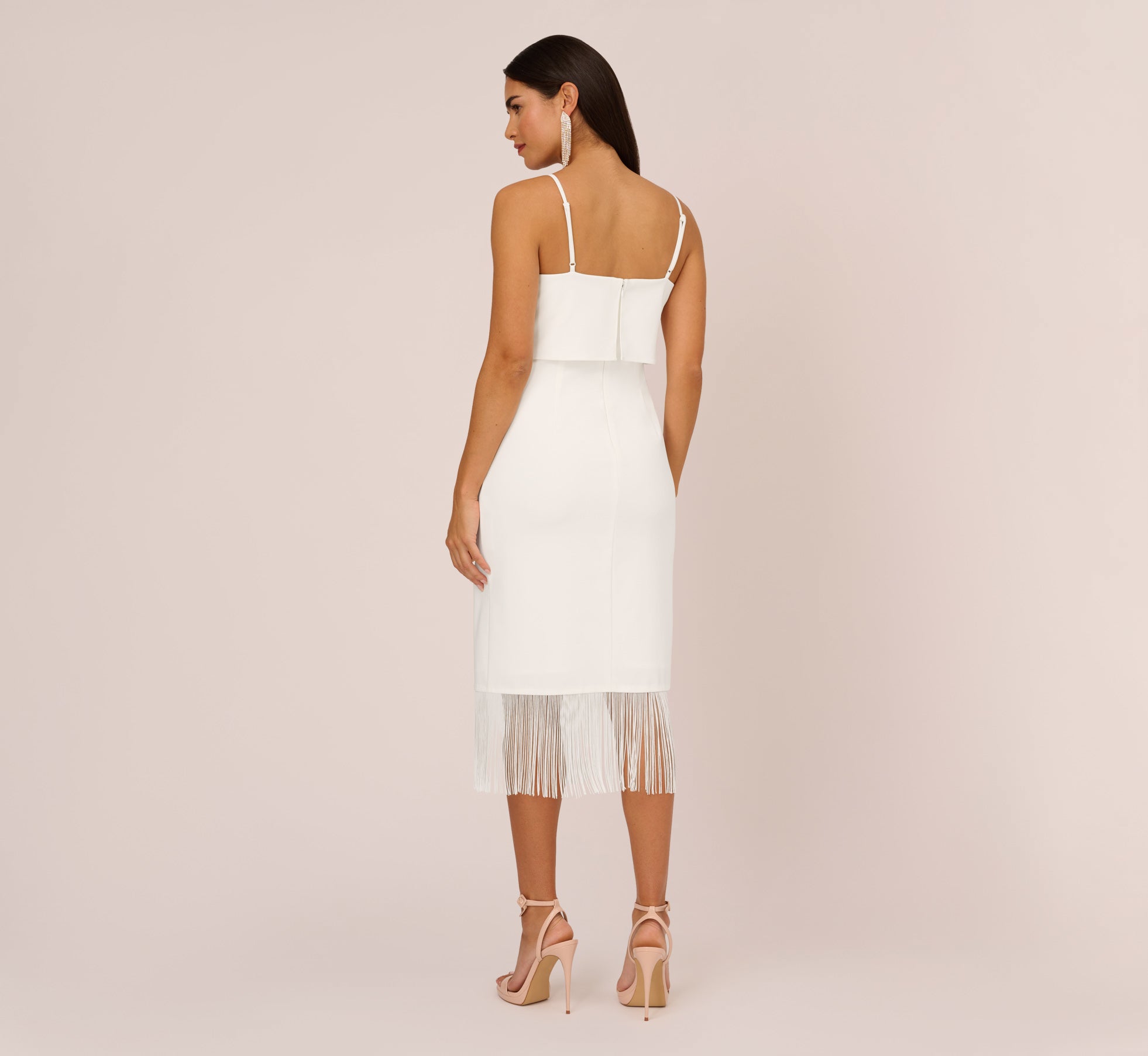 Crepe Popover Midi Dress With Fringe Trim In Ivory、mySite、solidvoid