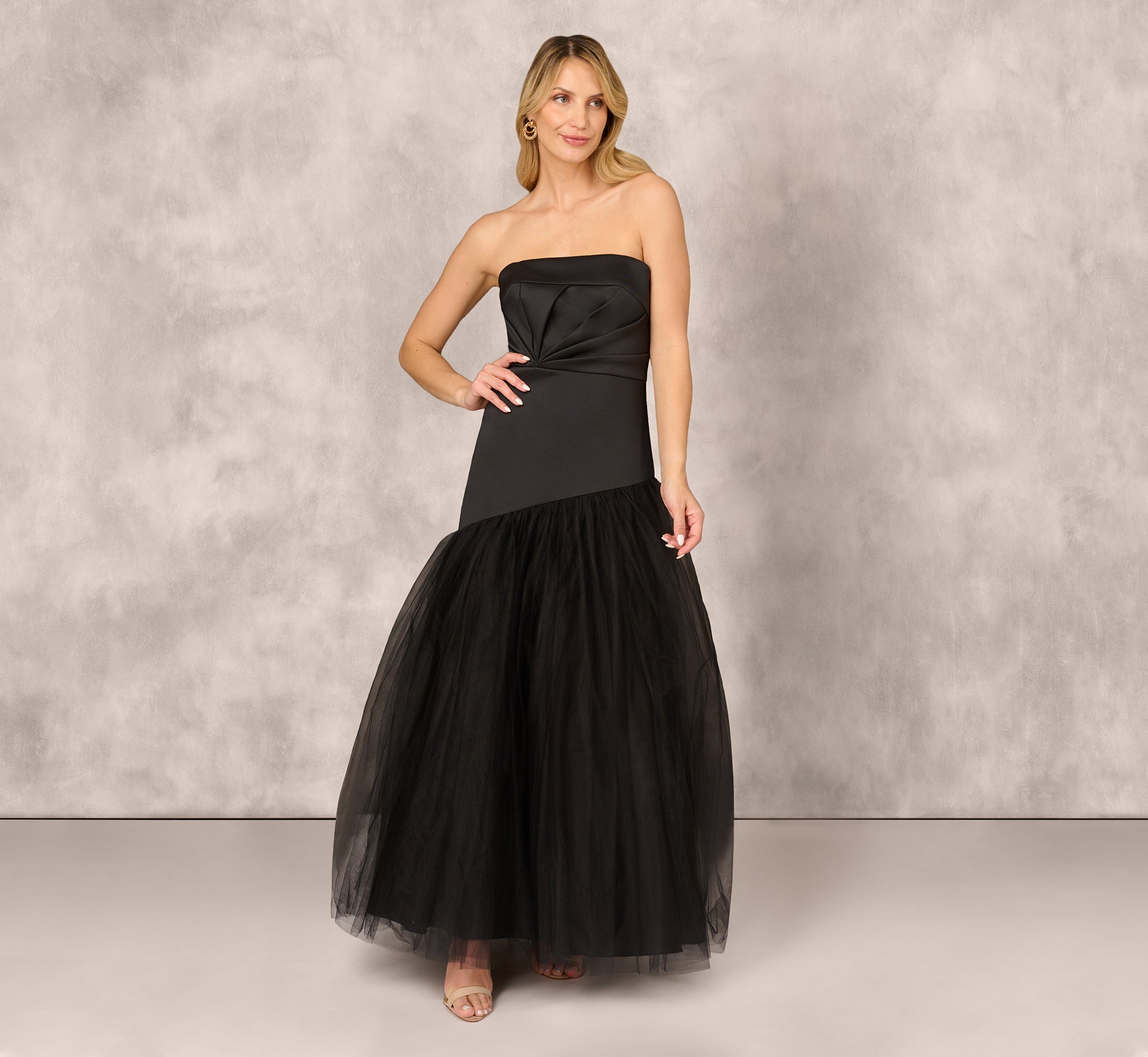 Strapless Mikado Ball Gown With Mesh Skirt In Black、mySite、solidvoid
