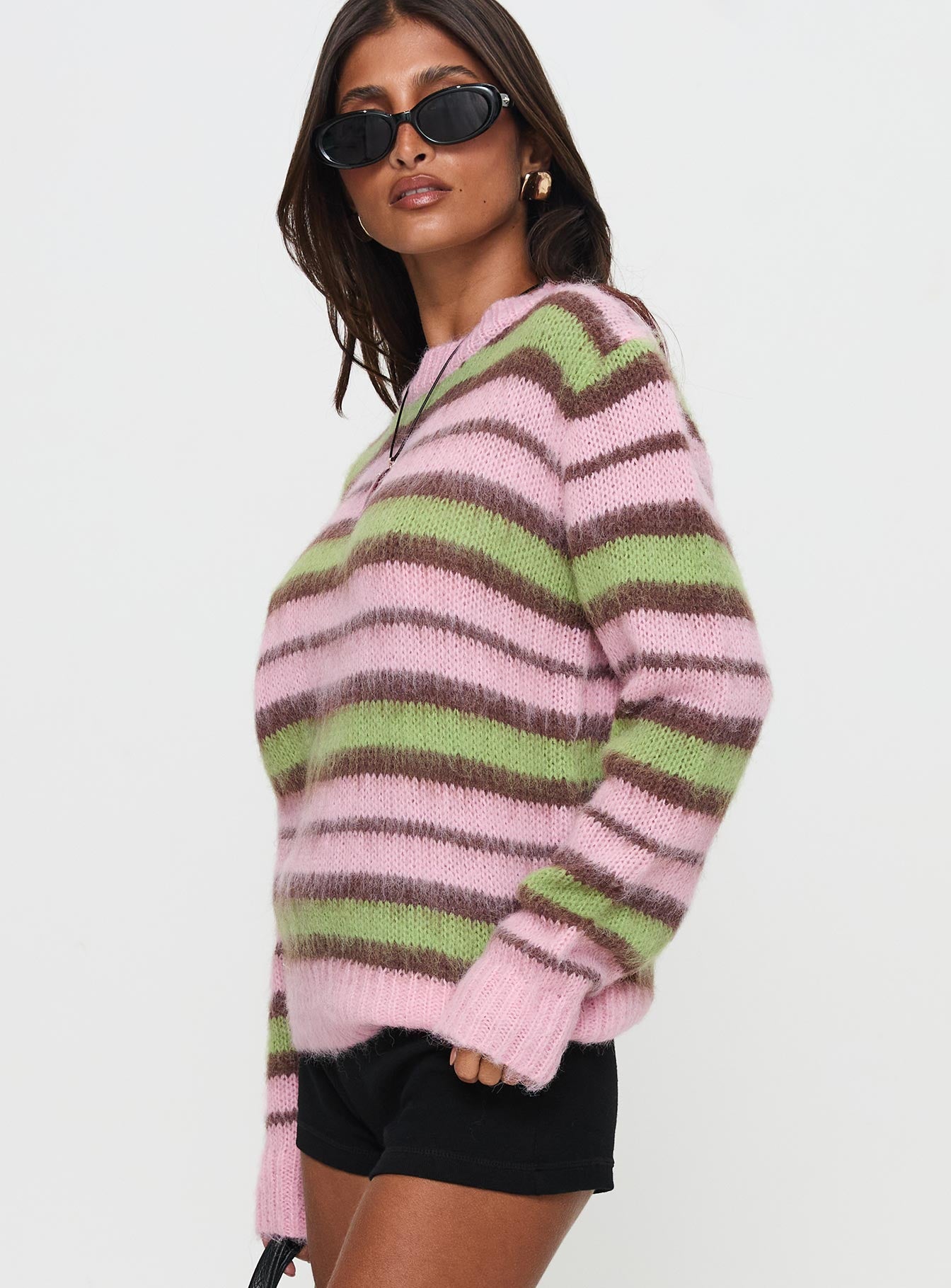 Maysie Crew Neck Knit Sweater Green / Pink、mySite、solidvoid