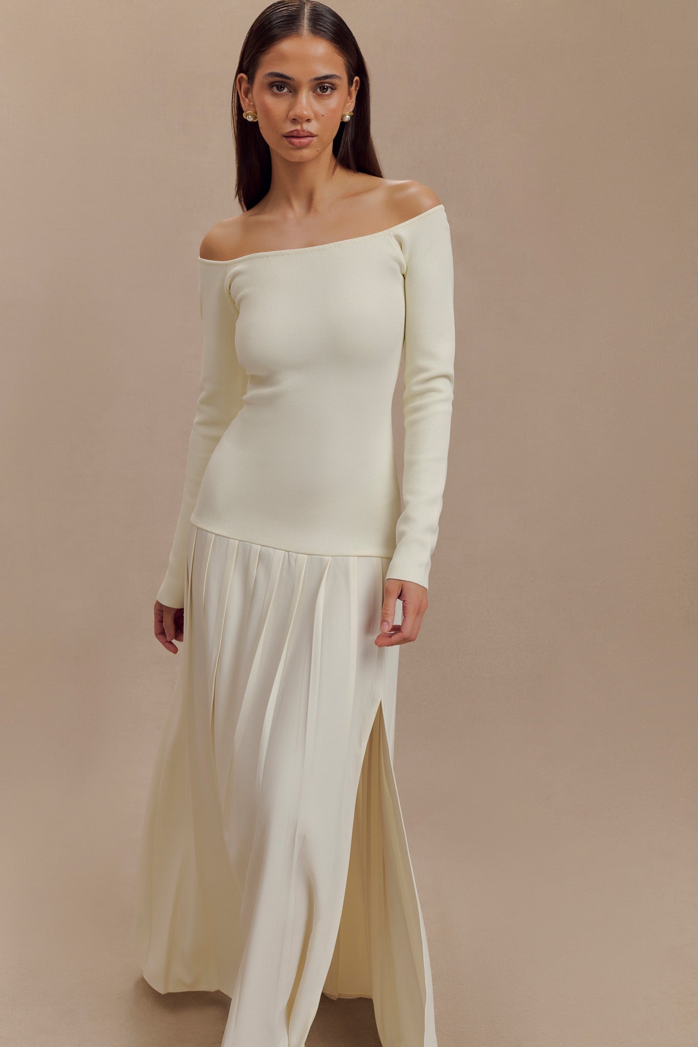 Presley Knit Off Shoulder Maxi Dress - Ivory、mySite、solidvoid