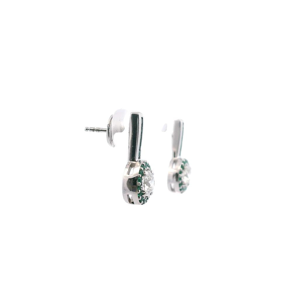  Estate 14K White Gold 1.33ctw Diamond & Emerald Halo Drop Earrings