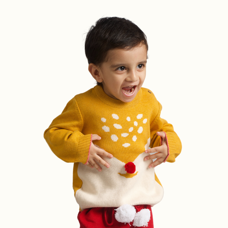 Cotton Sweater For Kids | Cuddly Fox Printed | Mustard Yellow、mySite、camillekostekn