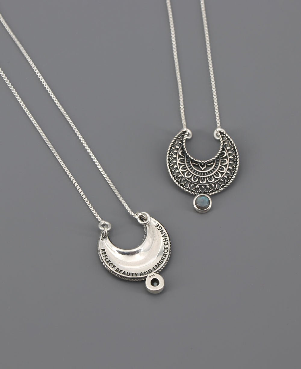 Sterling Silver Moon Phase Mandala Art Gemstone Inspirational Necklace、mySite、topwebapps