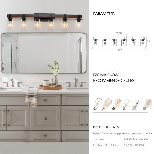 (Same as W1340119955/L1015) 19" Rustic 3-Light Vanity Light, Industrial Bathroom Wall Sconce with Glass Shades and Wood Accent, Modern Farmhouse Lighting Fixture (No Bulbs)、、eastwooduniform