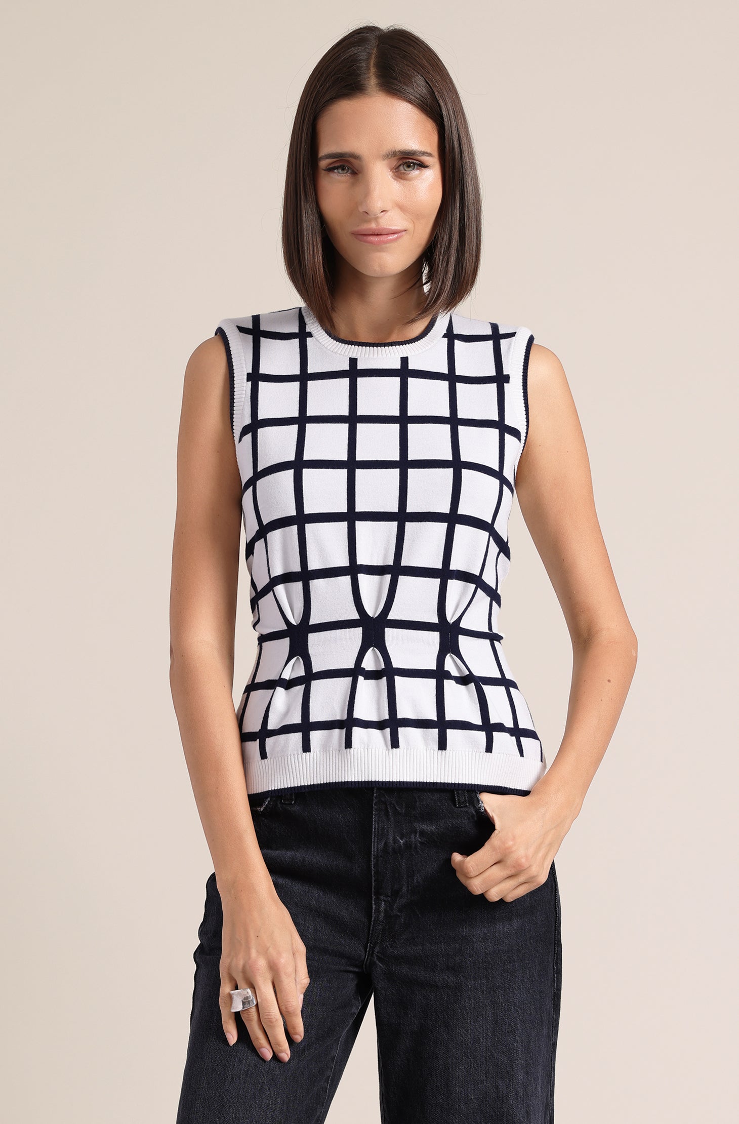 Minnie Rose Windowpane Pleated Sleeveless Top - Final Sale、mySite、noshort