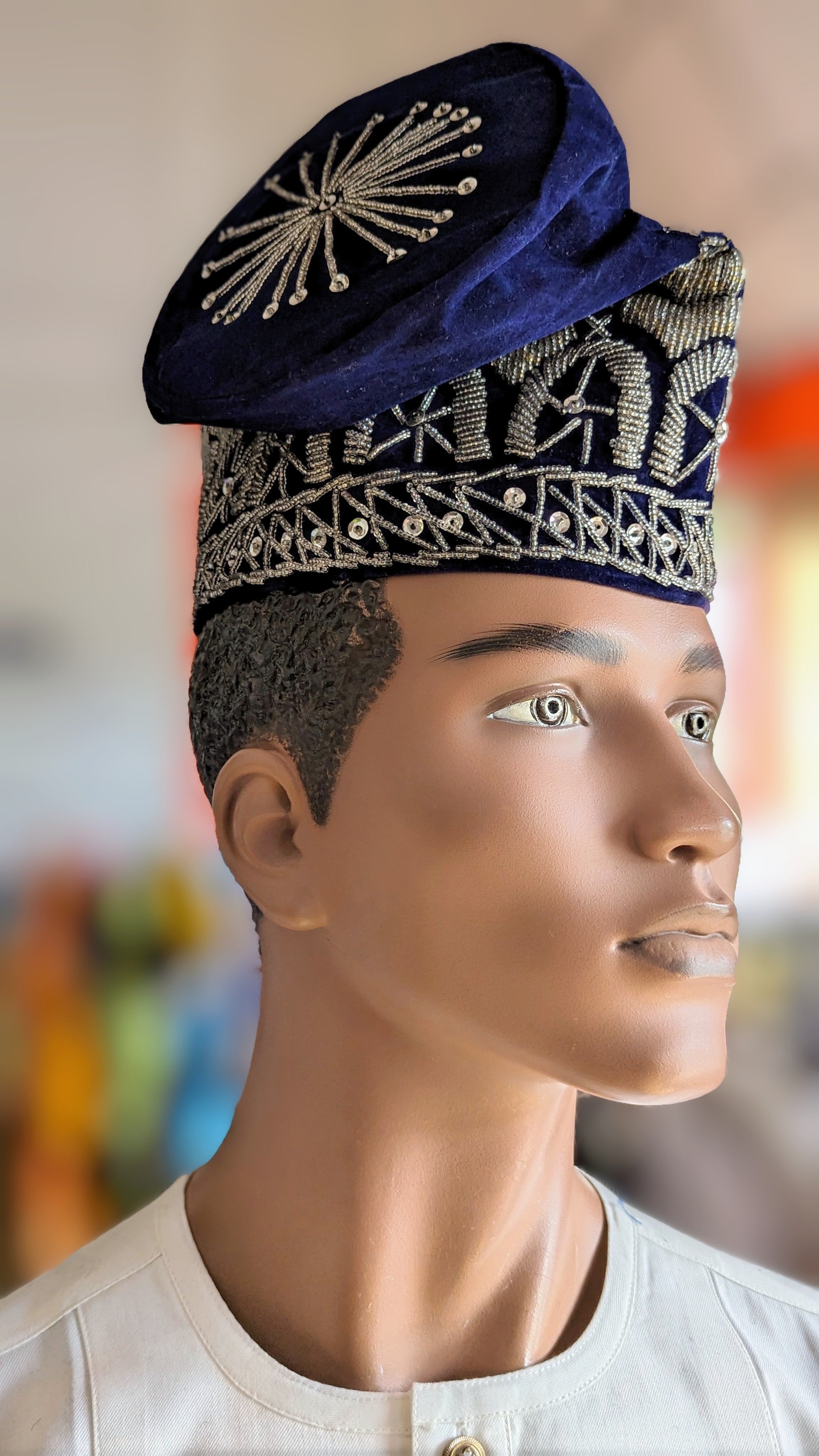 Dupsie's A峁ａ�ilu Navy-Blue and Silver Nigerian Velvet Fila Kufi Cap Hat DPHBSVH2、mySite、solidvoid