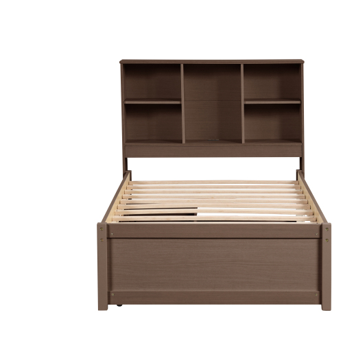 Modern Twin Size Bed Frame With Built-in USB Port on Bookcase Headboard and 2 Drawers for Walnut Color、、xpatfood