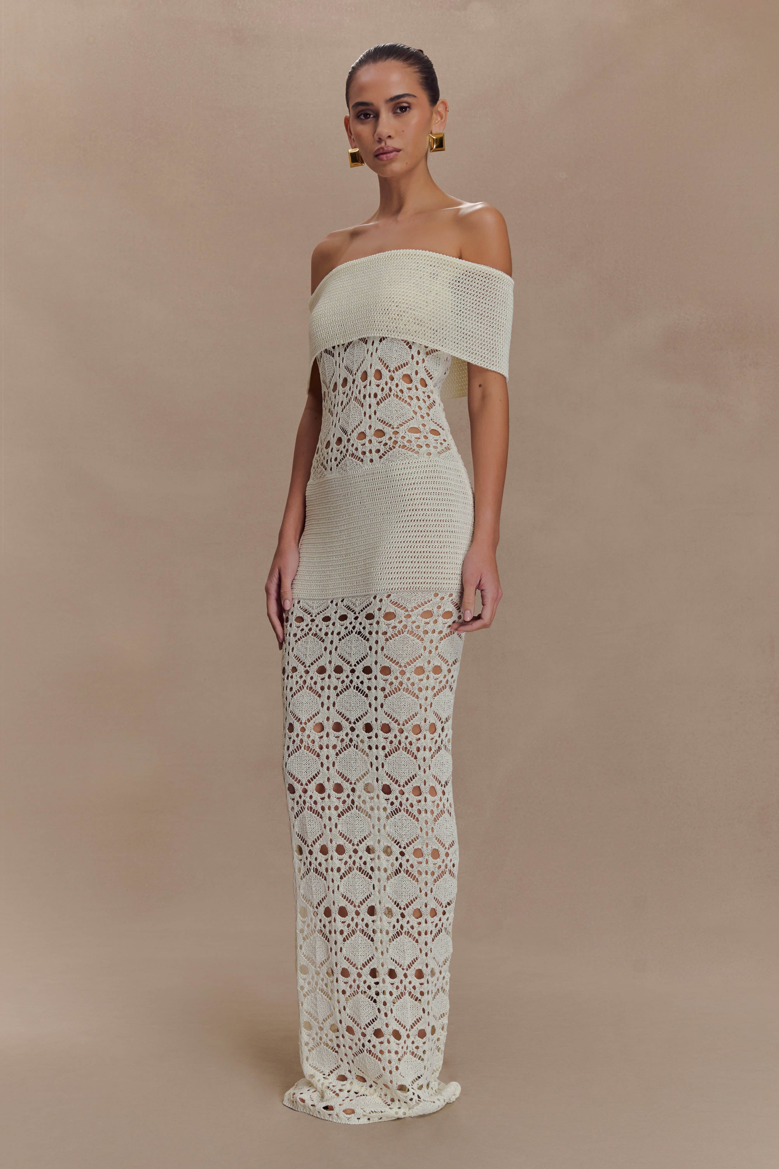 Solstice Off Shoulder Crochet Knit Maxi Dress - Ivory、mySite、solidvoid