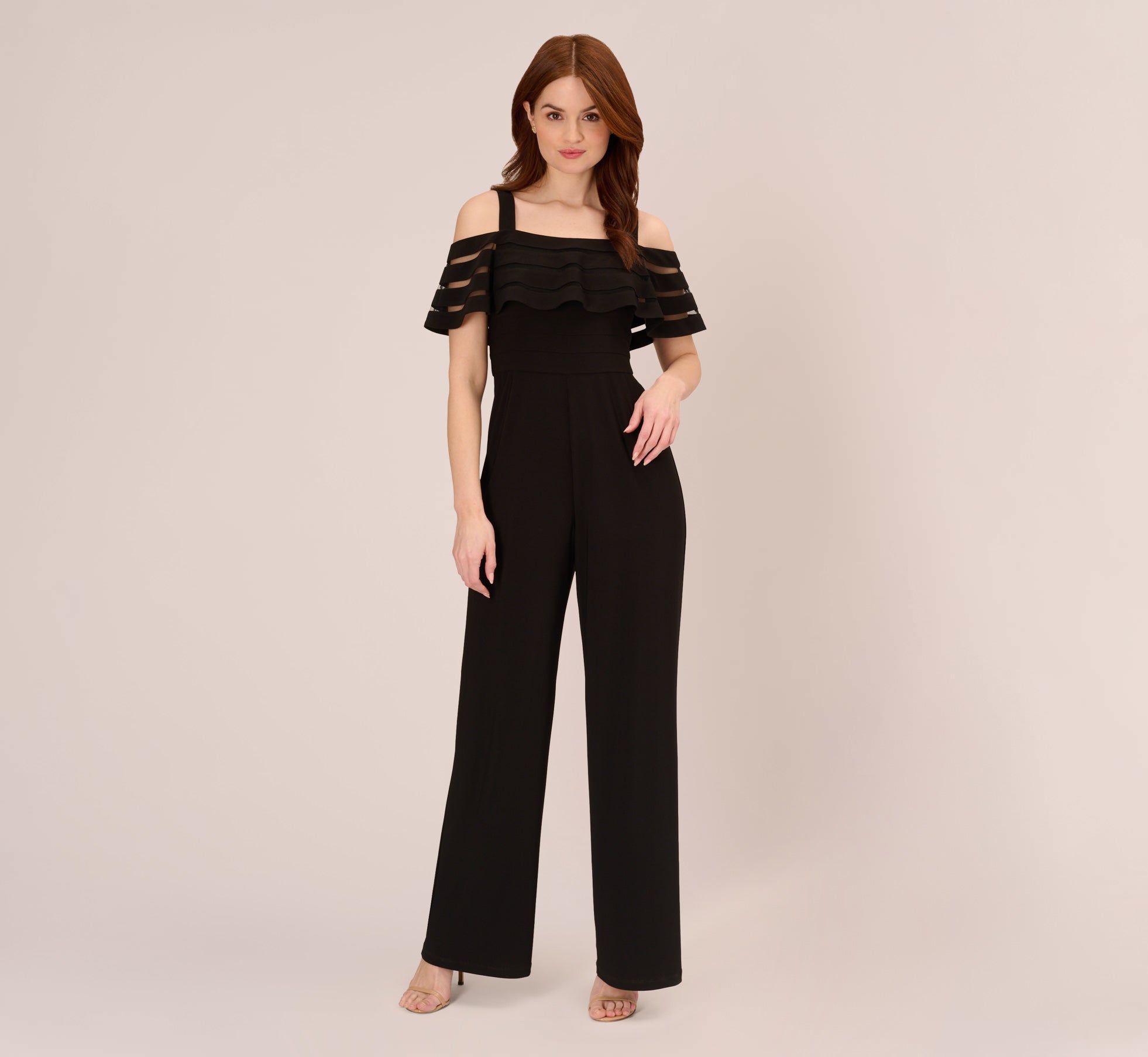 Jersey Banded Ruffled Jumpsuit With Cold Shoulder In Black、mySite、solidvoid