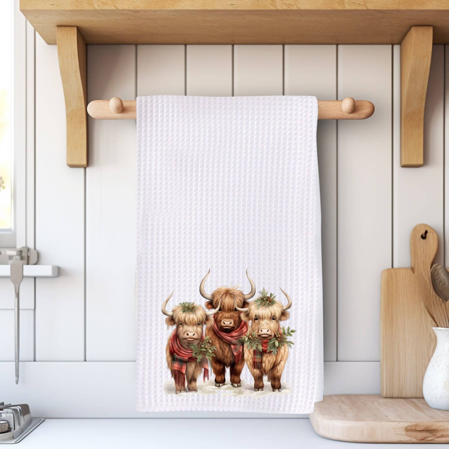 Highland Cow Trio Holiday Waffle Knit Ranch Farmhouse Kitchen Towel、mySite、g9winljtr