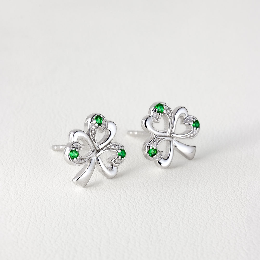  Silver Synthetic Emerald Shamrock Stud Earrings