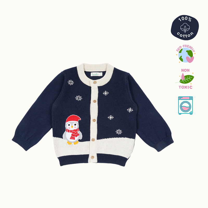 Cotton Jacquard Sweater, Lower & Cap Set | Penguine Printed | Navy Blue & Pink | Set of 3、mySite、camillekostekn