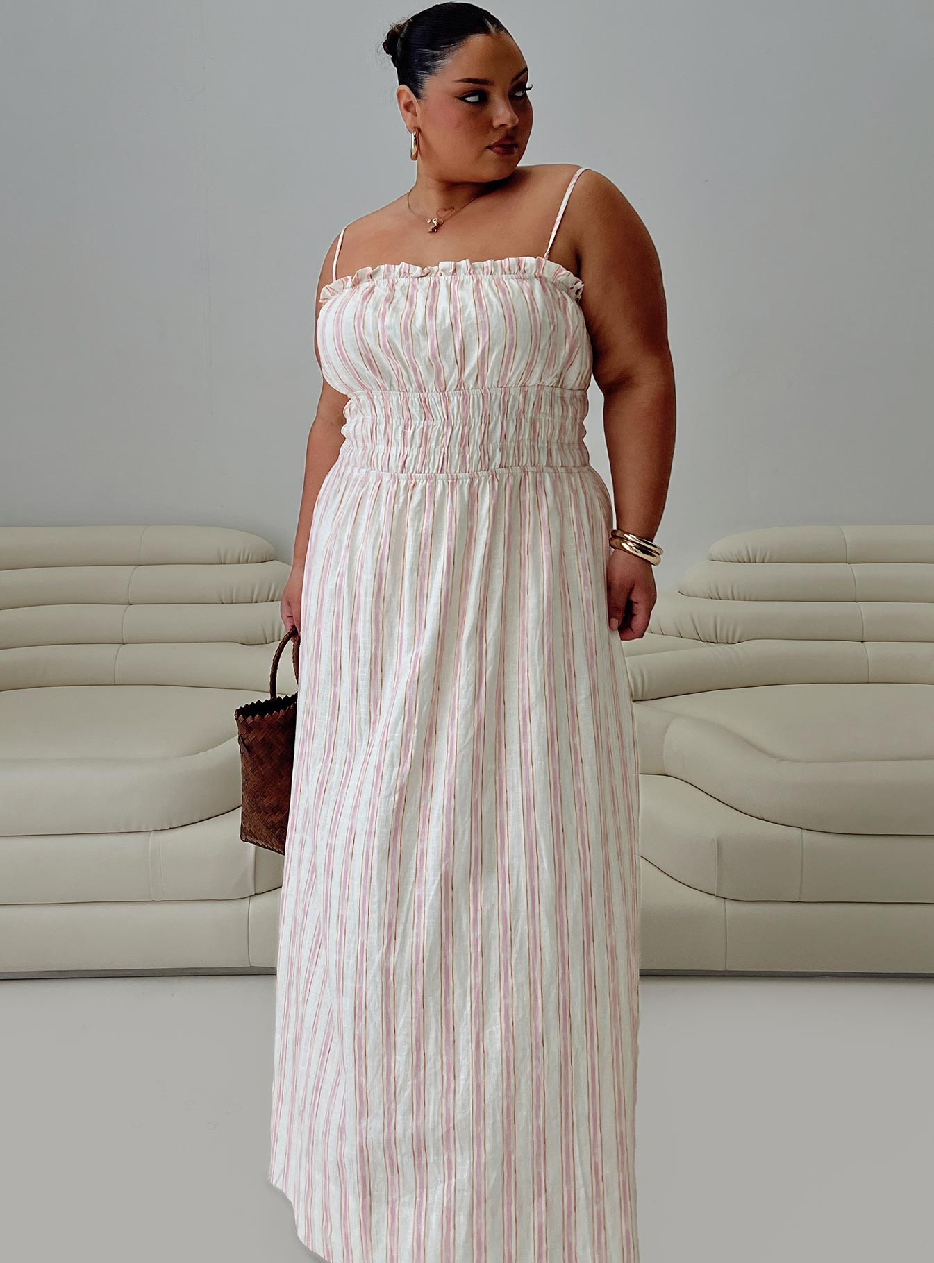 Persephone Shirring Linen Maxi Dress Pink Stripe Curve、mySite、solidvoid