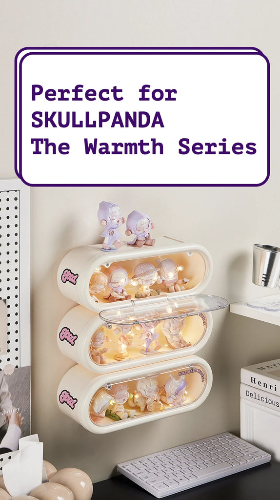 Triple-stacked creamy white display cases with flip covers, showcasing Pop Mart Skullpanda The Warmth Series. Label reads ‘Perfect for SKULLPANDA The Warmth Series.