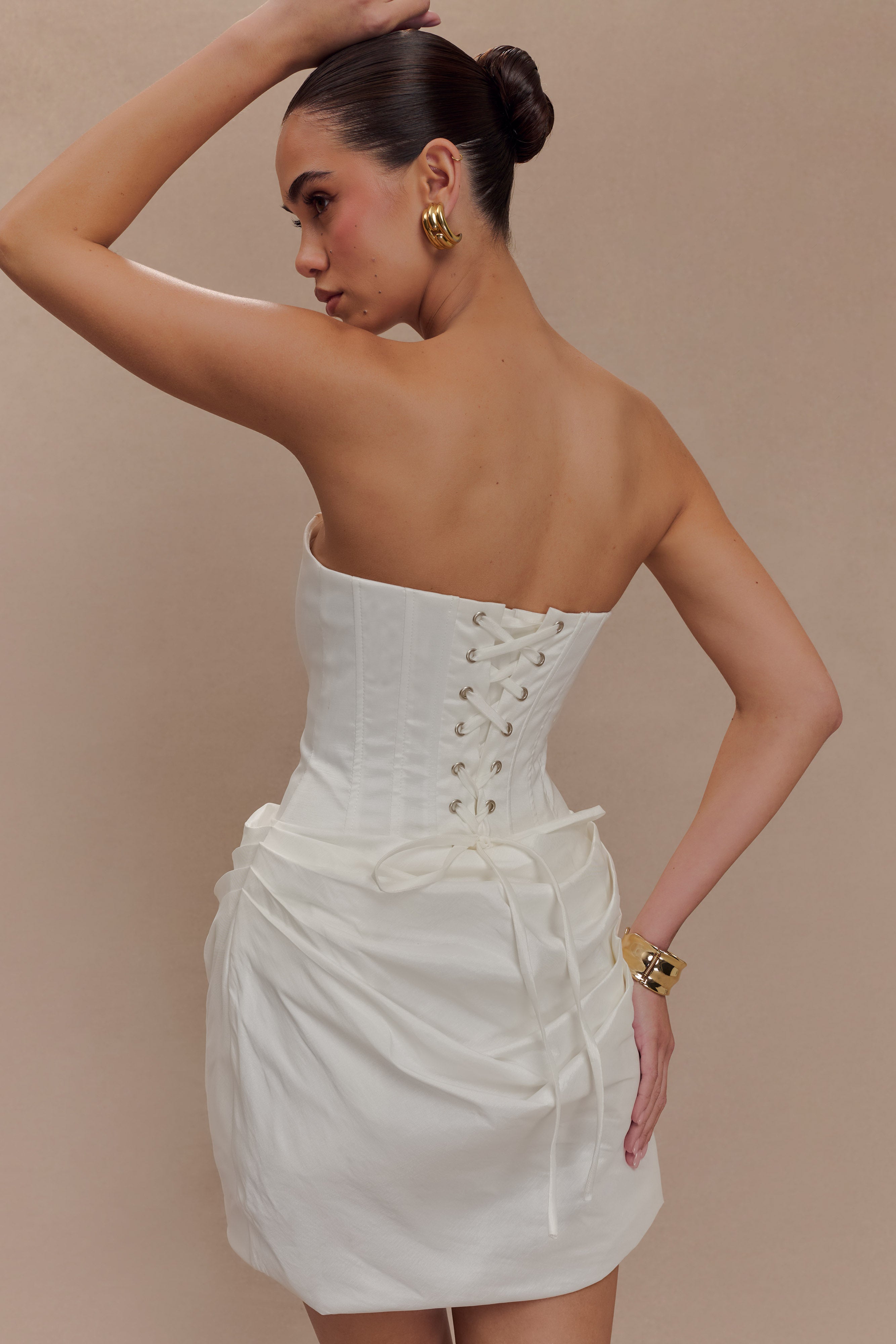 Sasha Taffeta Strapless Corset Mini Dress - White、mySite、solidvoid