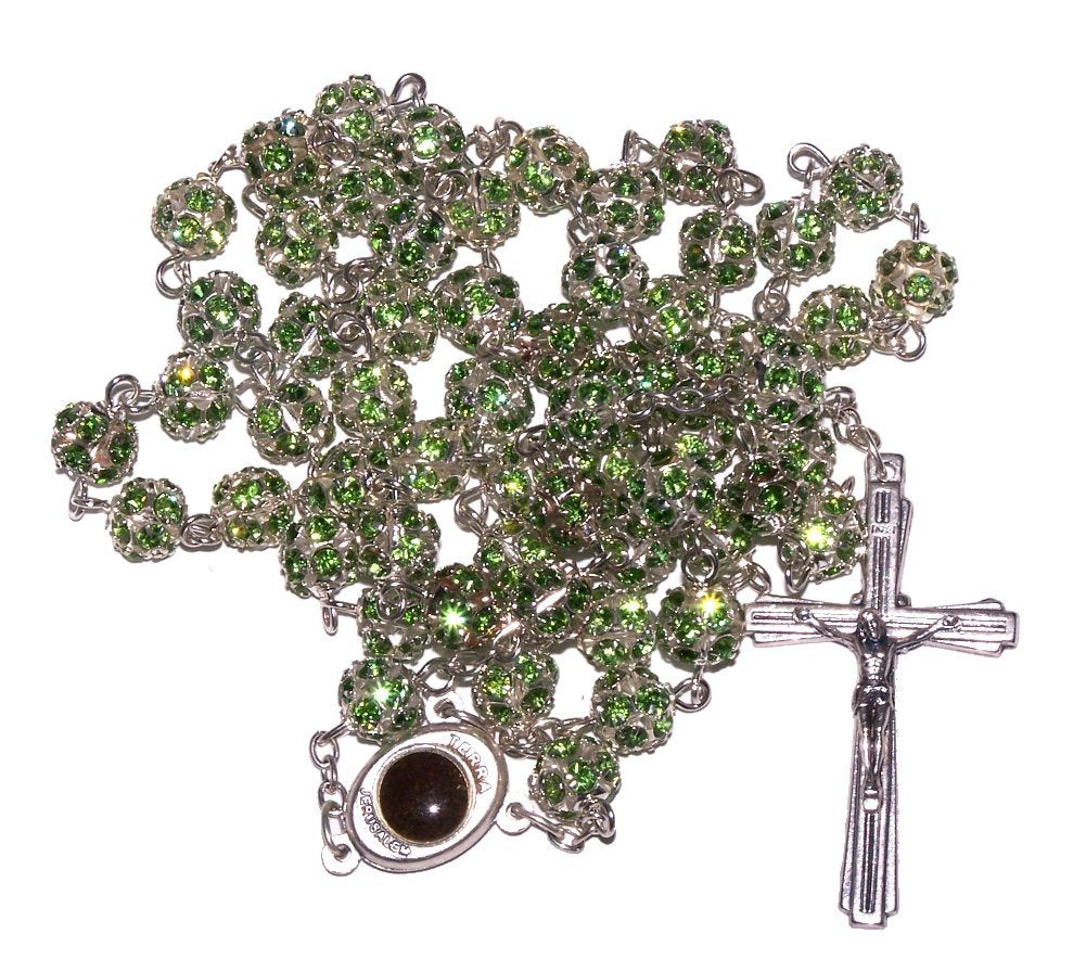  Multi Faceted Crystals Rosary - 8mm Crystal Rosary with Silver Tone Alpaka chain, Holy Land Soil and special Crucifix (Green)、mySite、elrpsem3k
