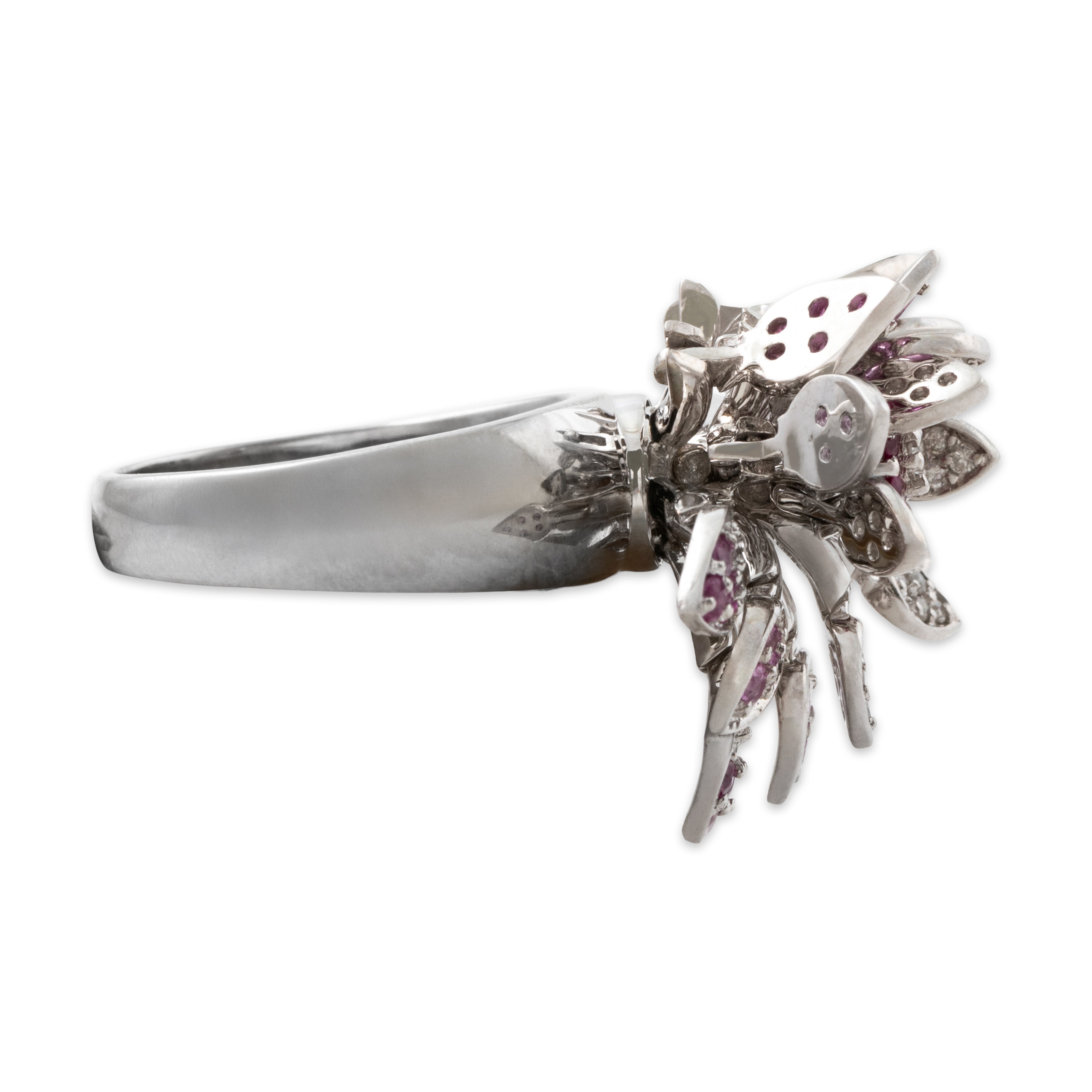 Vintage 18k White Gold Ruby 1.00cttw Pink Sapphire Spinning Flower Ring、mySite、hinf8tx79