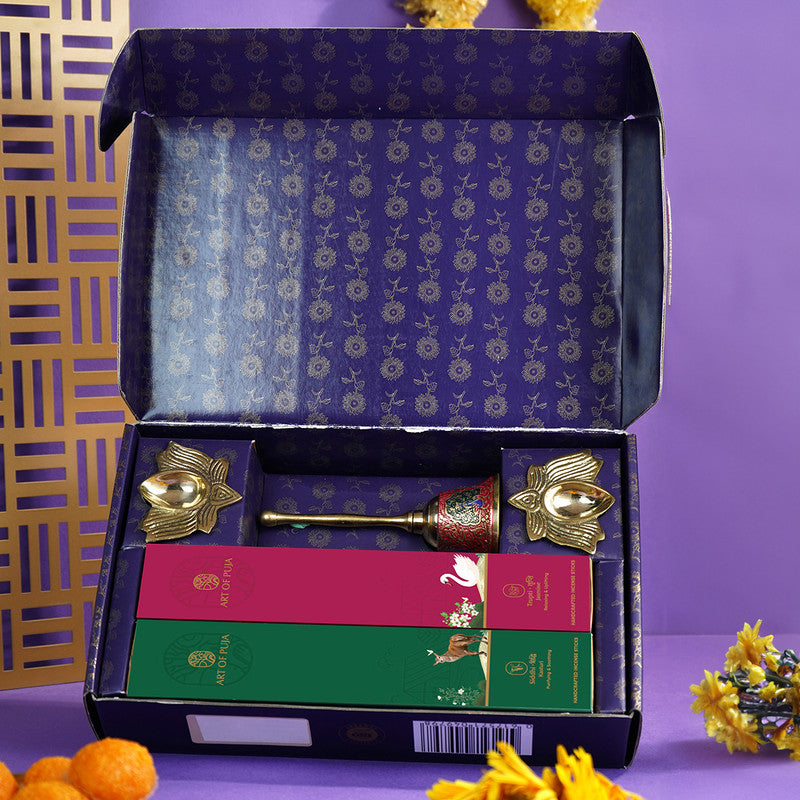 Wooden Festive Gift Box | Diyas, Pooja Bell & Incense Stick | Set of 5、mySite、camillekostekn