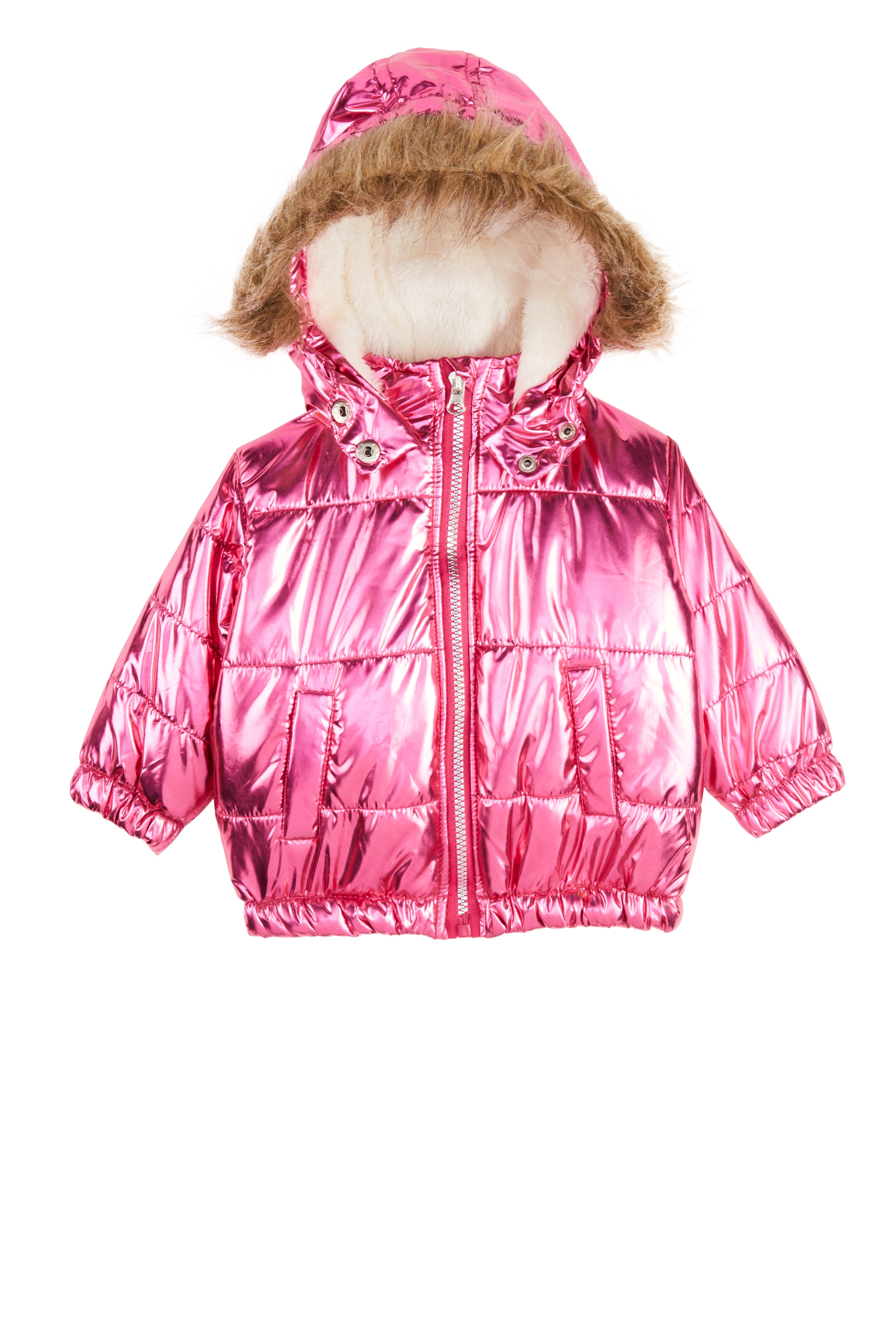 Baby Girls 12-24M Faux Fur Hooded Metallic Puffer Jacket、mySite、camillekostekn
