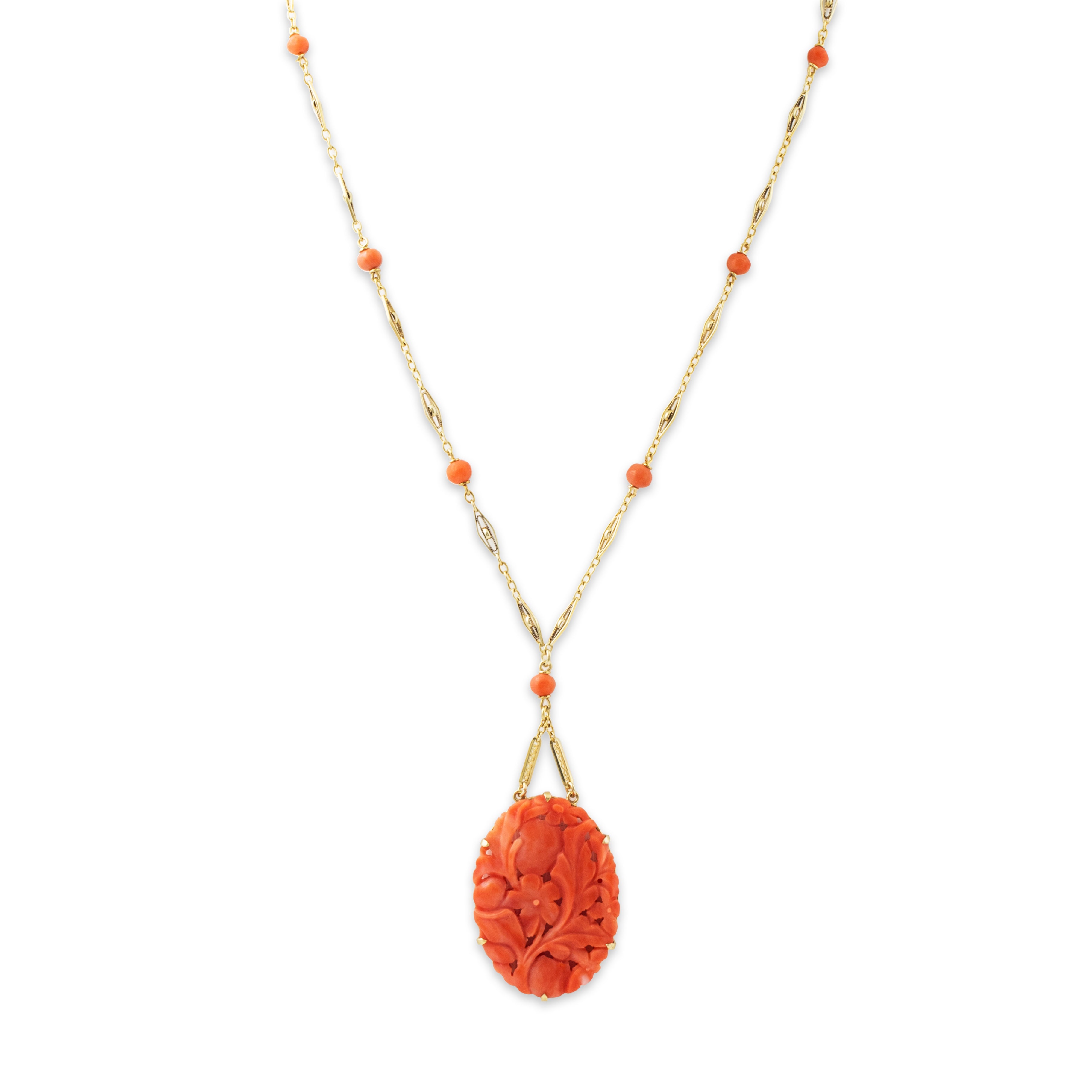 Antique Art Deco 14k Yellow Gold Coral Carved Floral Filigree Chain Necklace 16、mySite、hinf8tx79
