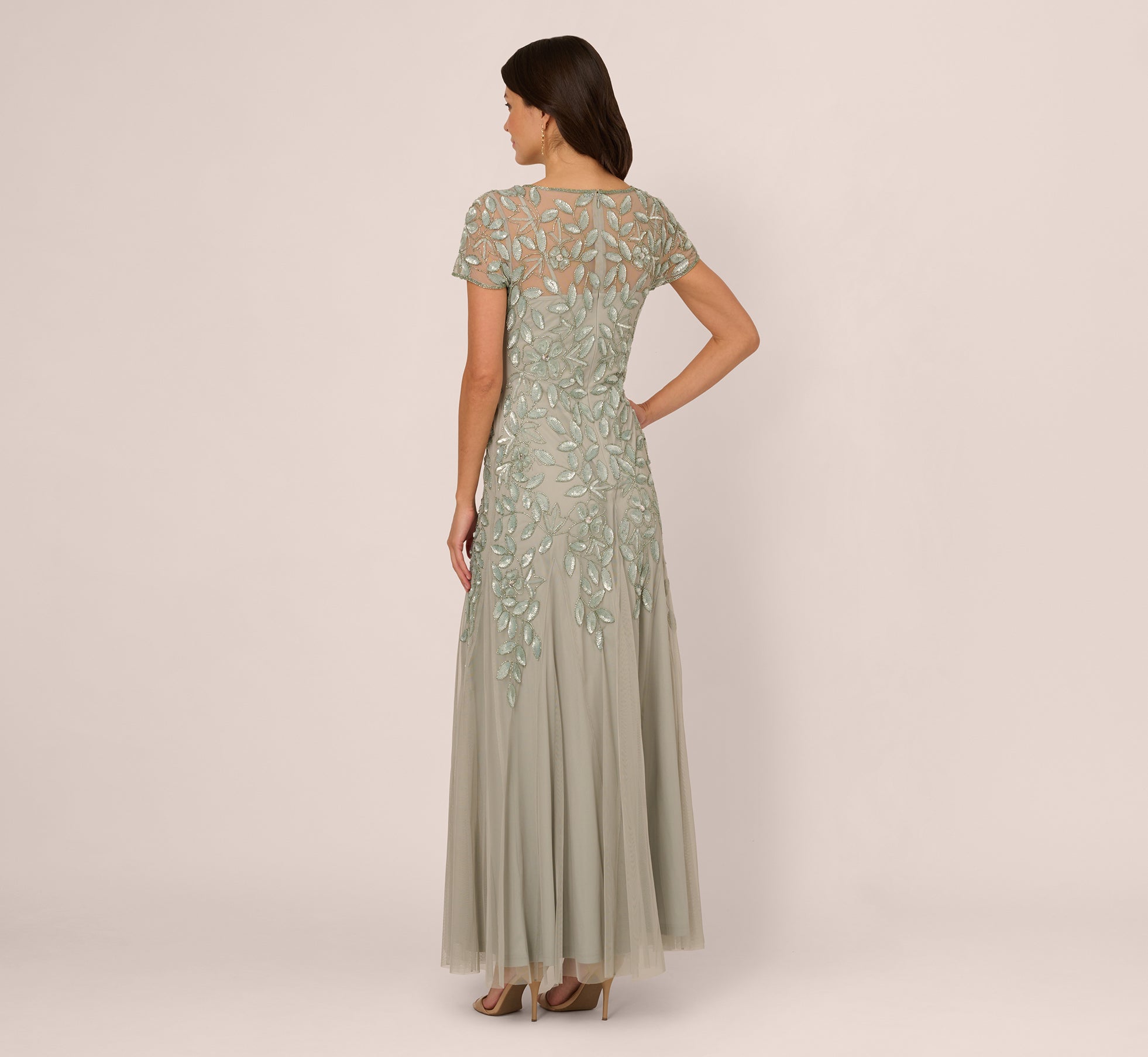 Hand Beaded Short Sleeve Floral Godet Gown In Frosted Sage、mySite、solidvoid