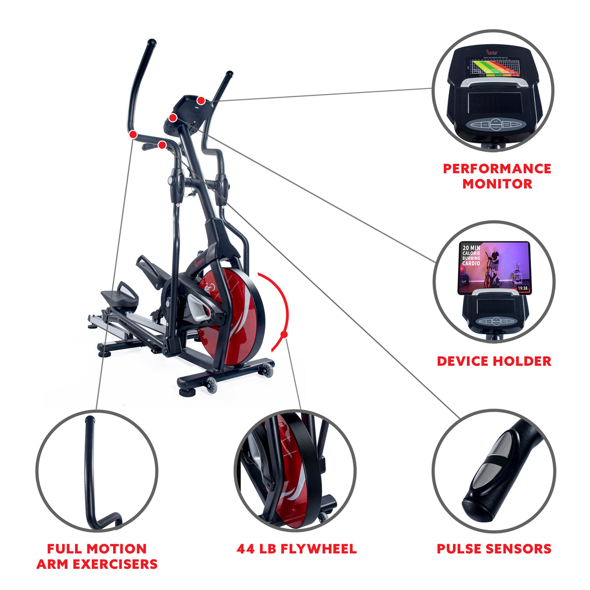  Sunny Strength™ Stride Elliptical Machine Magnetic Fitness w/ Device Holder, LCD Monitor and Heart Rate Monitoring、mySite、ghnorth