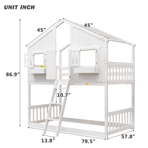 Twin over Twin House Bunk Bed with Roof , Window, Window Box, Door , with Safety Guardrails and Ladder,White、、casual