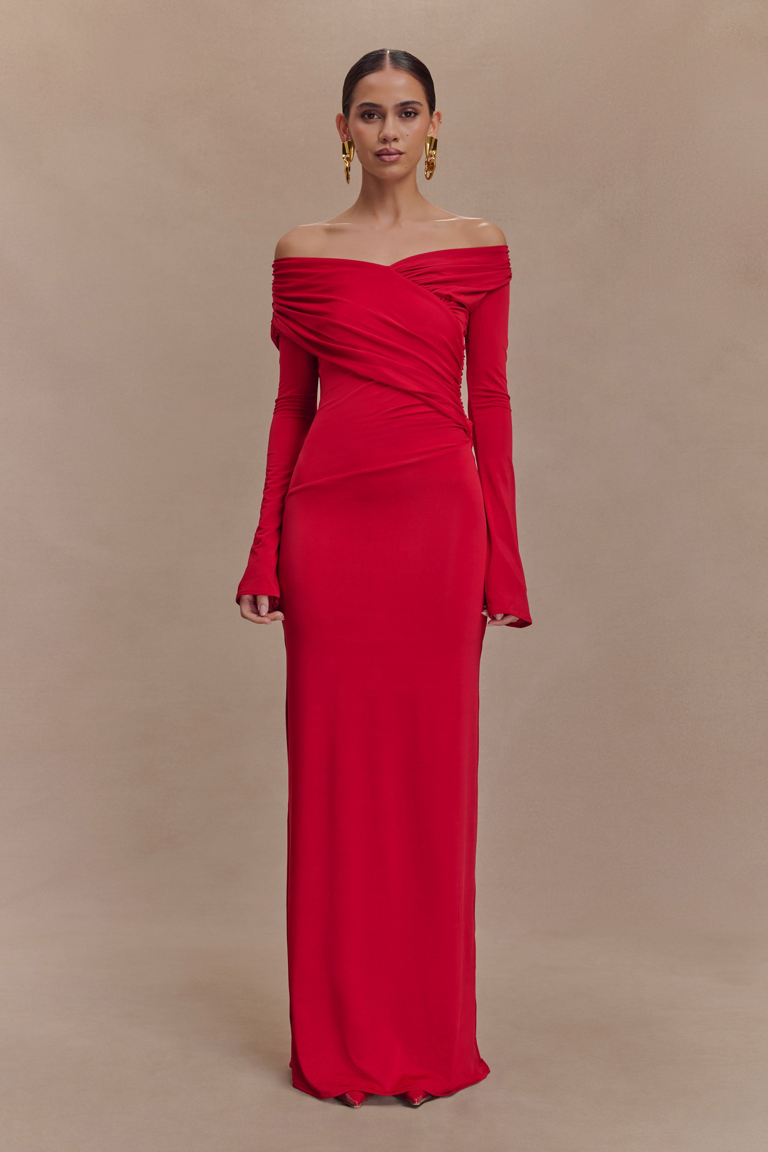 Therese Off Shoulder Ruched Maxi Dress - Red、mySite、solidvoid