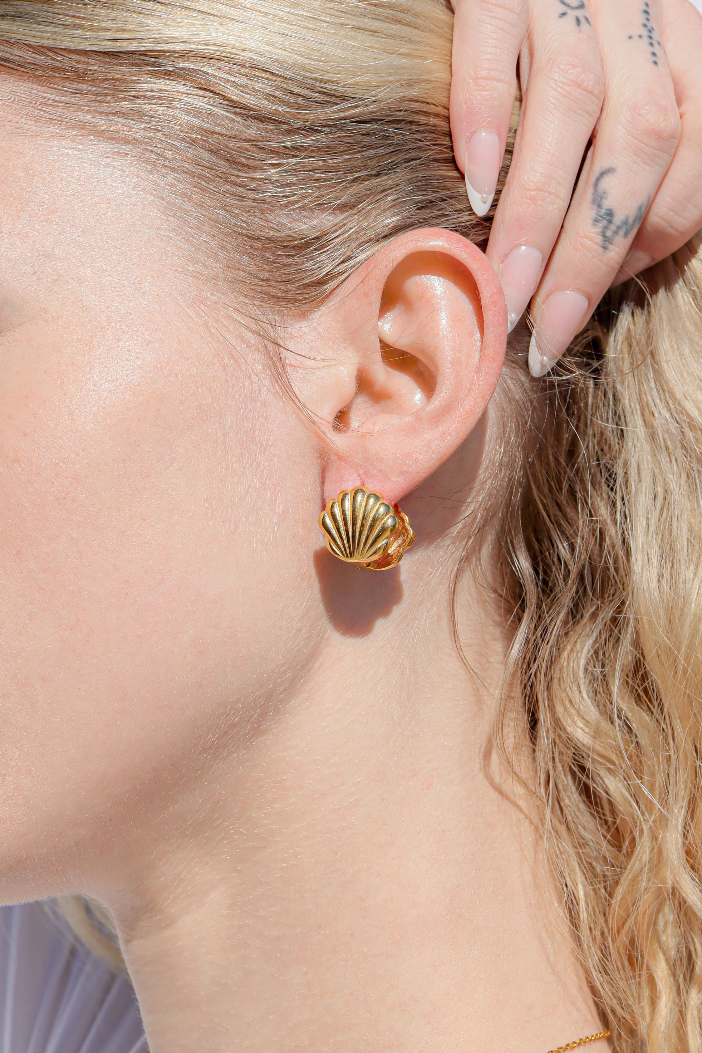 18K Gold PVD Stainless Steel Shell Huggies Earrings / ERJ0066、mySite、dreamappss