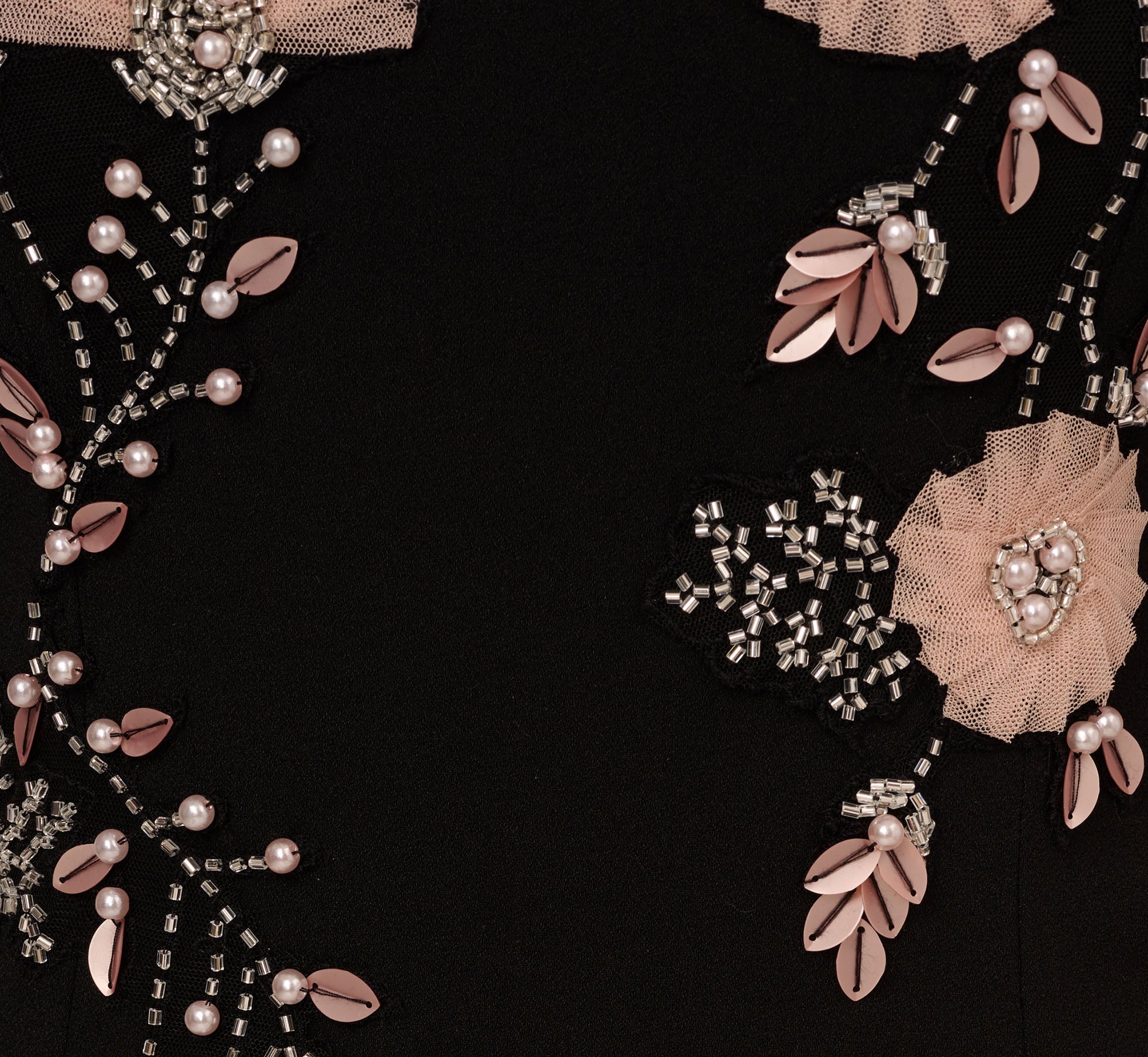 Flutter Sleeve Crepe Gown With Floral Sequin Beading In Black Blush Multi、mySite、solidvoid